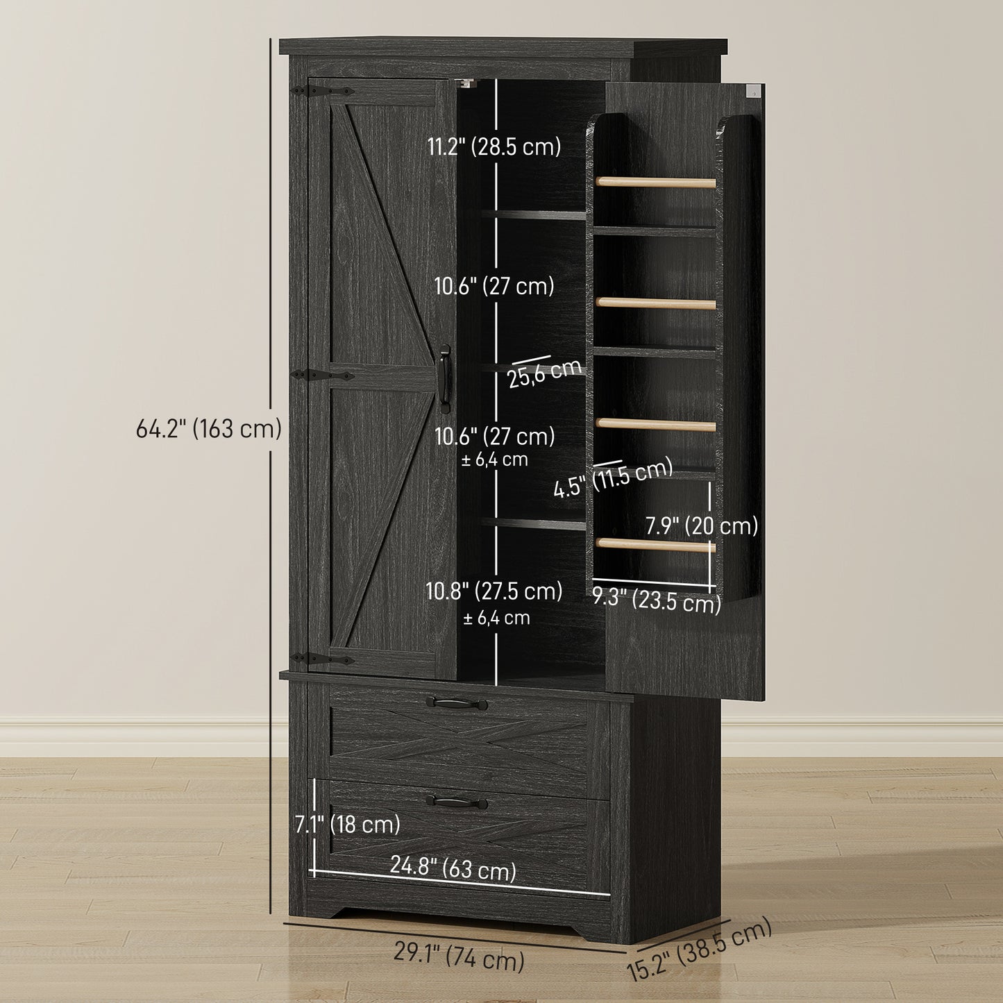 Farmhouse Kitchen Pantry Storage Cabinet, 64" Freestanding Kitchen Pantry Cabinet with Drawers, Distressed Black