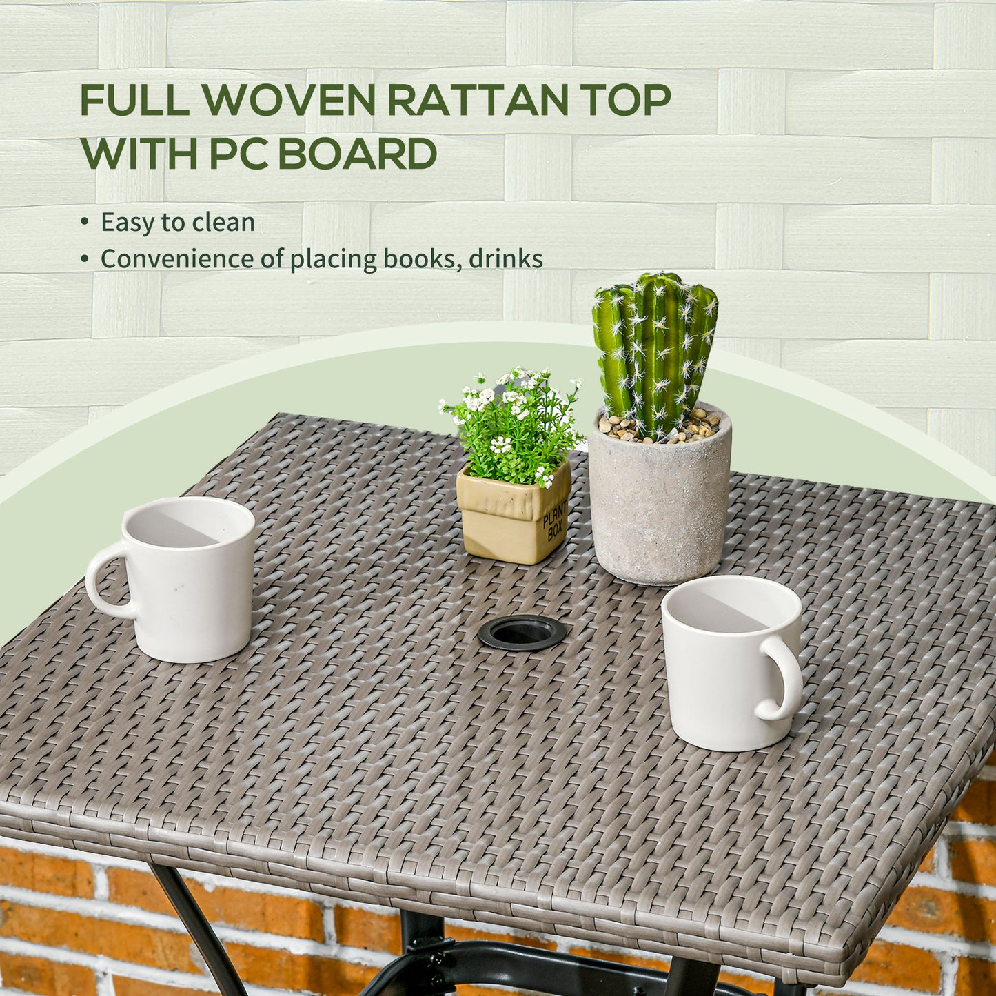 Patio Wicker Dining Table with Umbrella Hole, 34 Inch Outdoor PE Rattan Coffee Table with Plastic Board Under the Woven Table Top for Patio, Garden, Balcony, Light Grey