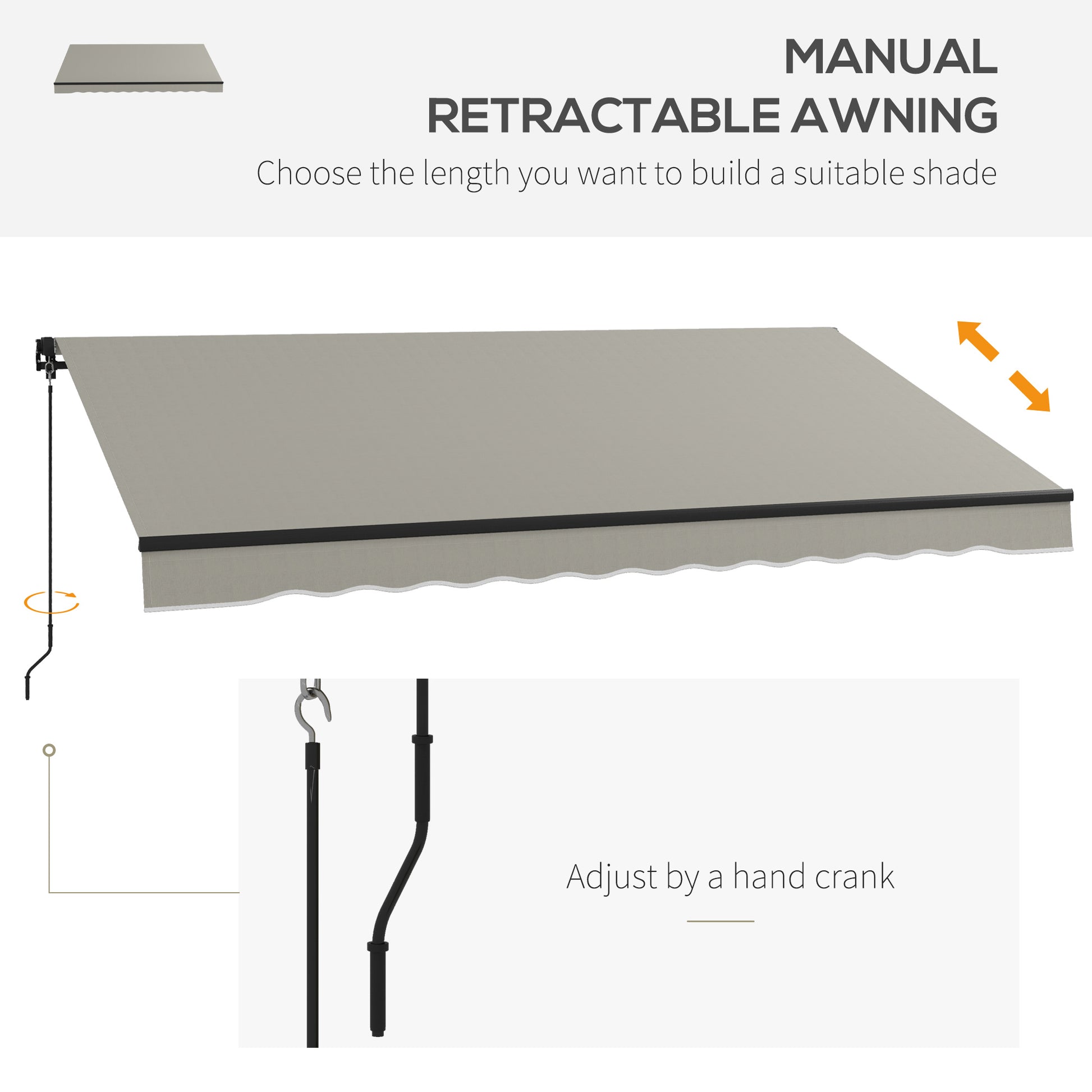 12' x 10' Retractable Awning, 280gsm UV Resistant Sunshade Shelter, for Deck, Balcony, Yard, Light Grey