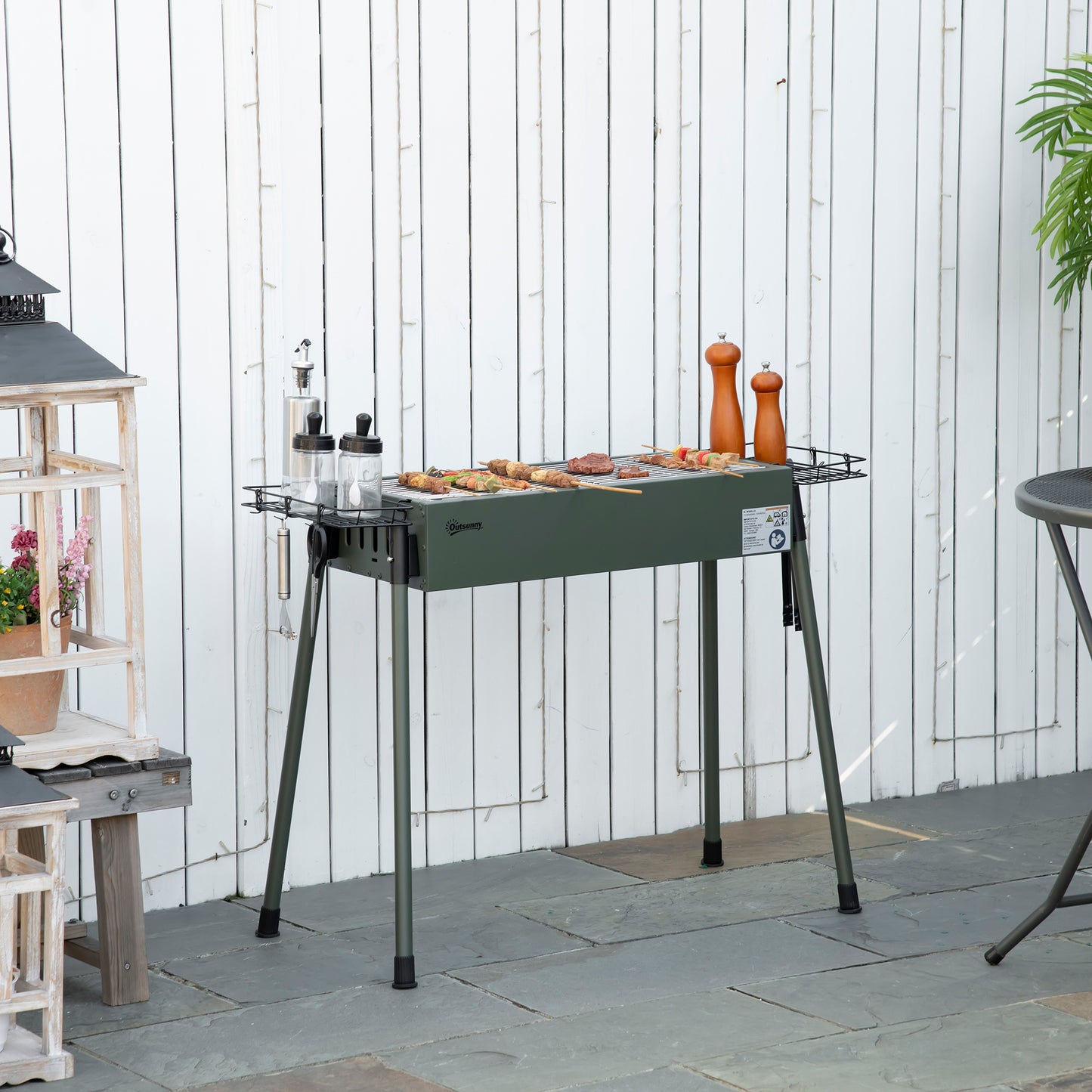 Portable BBQ Grill, Charcoal Grill with Side Seasoning Baskets, Hooks and Nets for Outdoor, Picnic, Camping, Dark Green