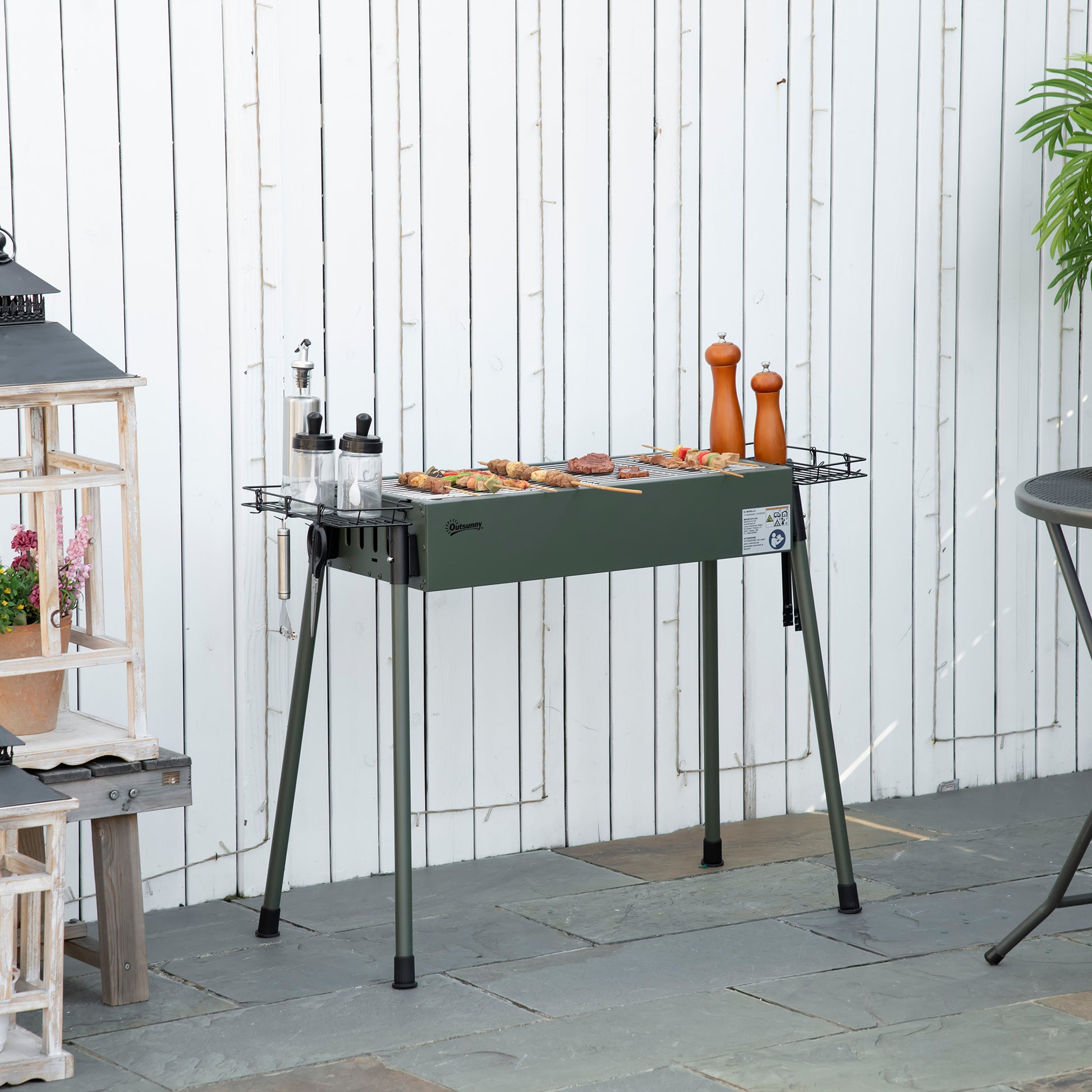 Portable BBQ Grill, Charcoal Grill with Side Seasoning Baskets, Hooks and Nets for Outdoor, Picnic, Camping, Dark Green