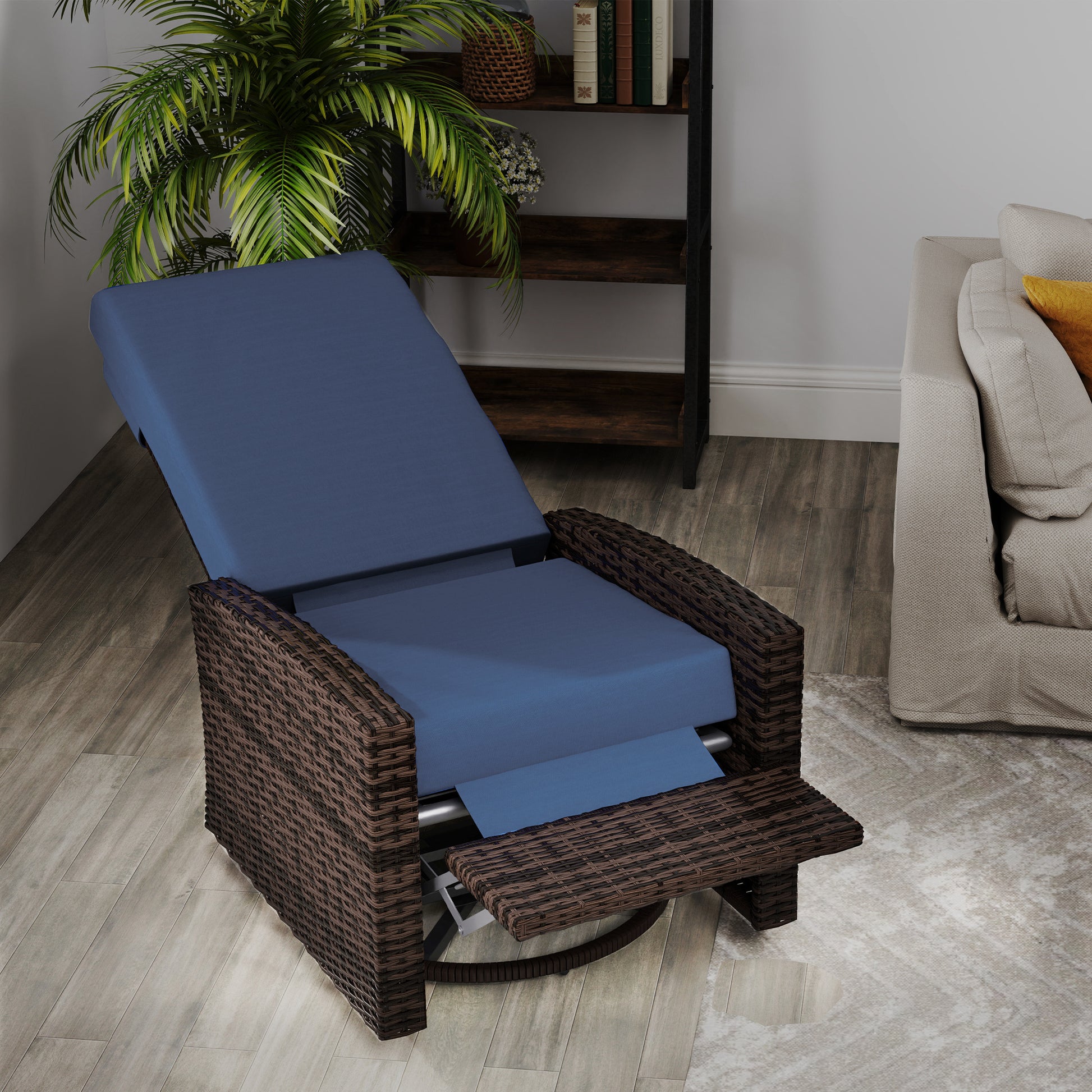 Outdoor Rattan Wicker Lounge Chair with Footrest & Soft Cushion for Patio, Garden, Backyard, Dark Blue