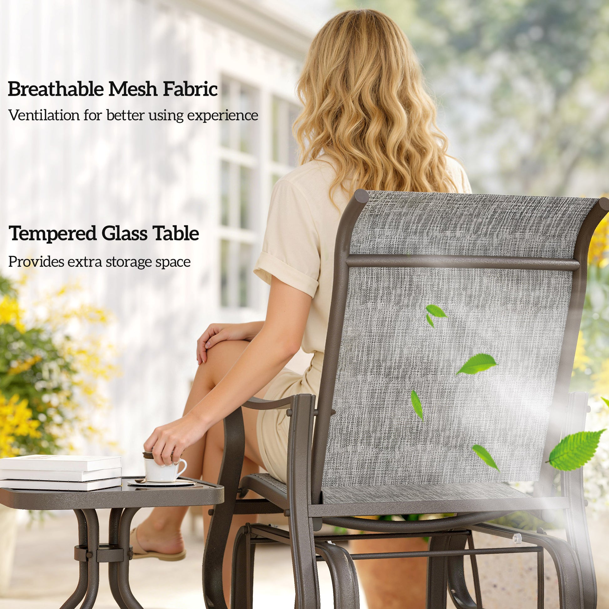 3PCs Gliding Rocking Chair & Bistro Tea Table Set, Grey