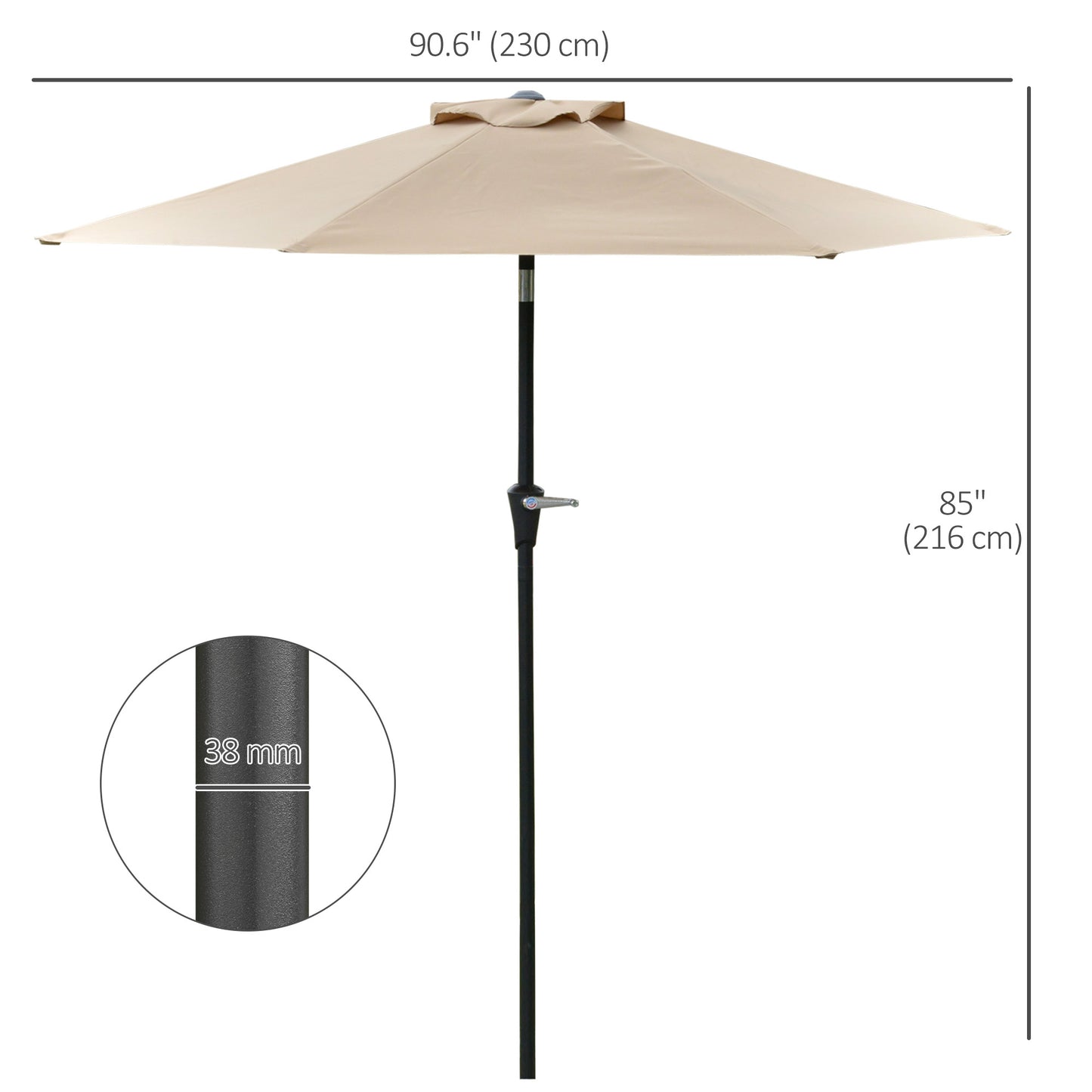 Patio Sun Umbrella, Outdoor Parasol with 6 Ribs, Khaki