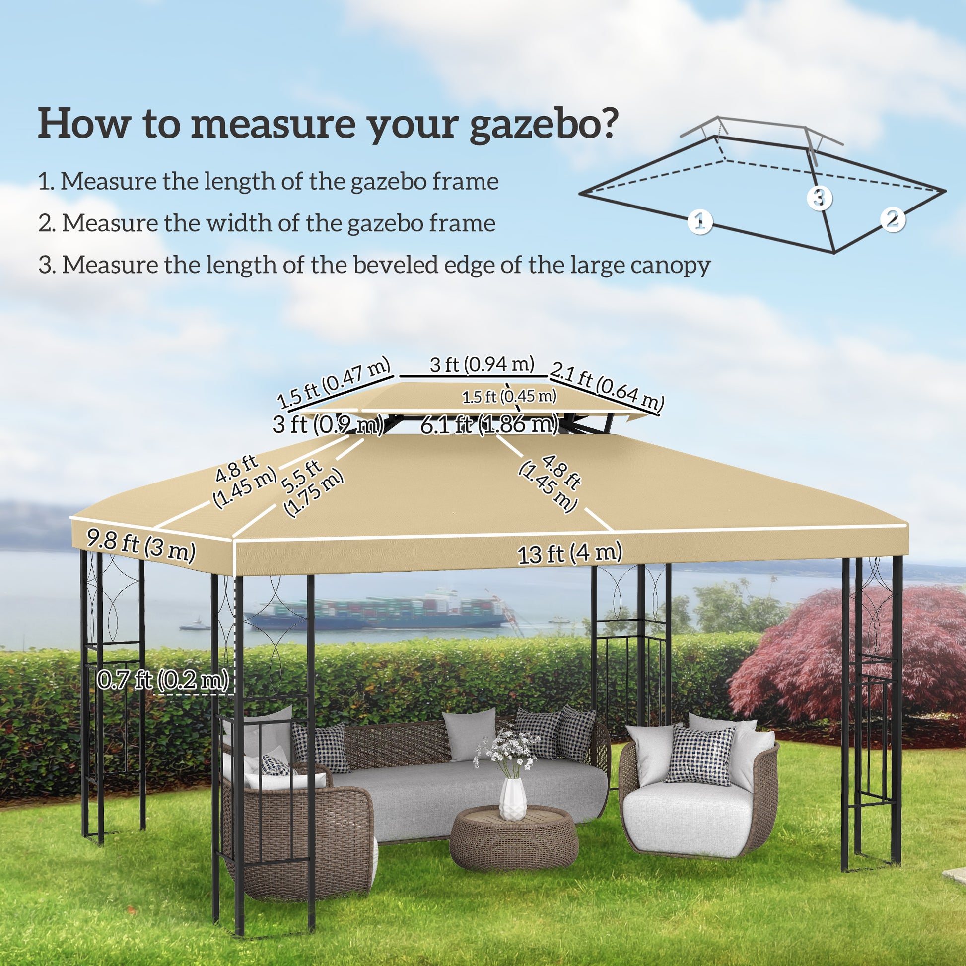 13' x 10' Gazebo Cover, Gazebo Replacement Canopy with 2 Tier Top for Garden, Patio, Outdoor, Beige