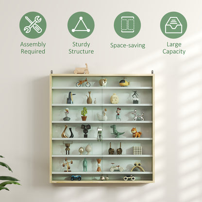 7-Tier Display Cabinet, Shot Glass Display Case, Glass Curio Cabinet with 2 Glass Doors, Oak and White