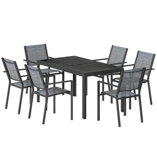 Outdoor Dining Set for 6, Faux Wood Metal Patio Table and Mesh Stackable Chairs with Umbrella Hole, Black