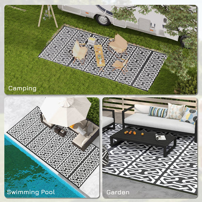 Reversible Outdoor Rug Waterproof Plastic Straw RV Rug with Carry Bag, 9' x 18', Black and White Chain