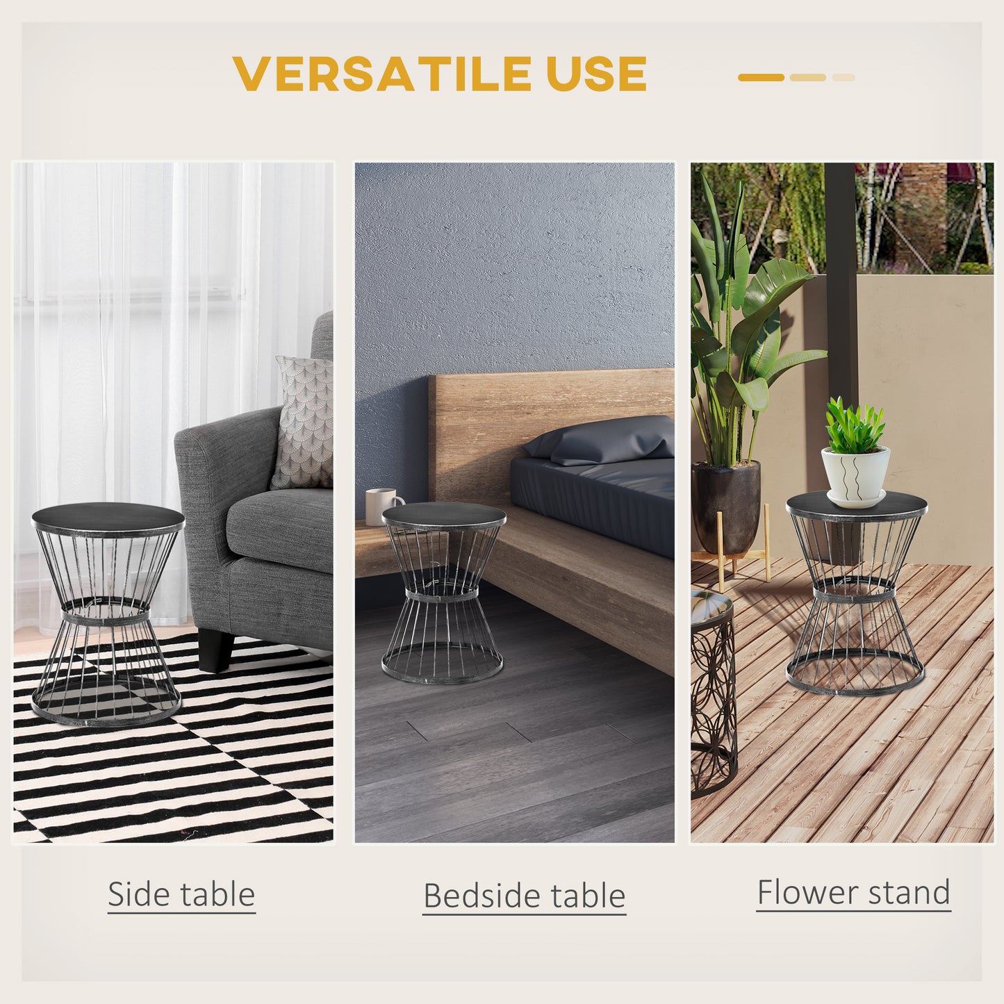 16" Steel Patio Side Table, Garden End Table with Hourglass Design, Accent Table for Outdoor and Indoor Use, Black
