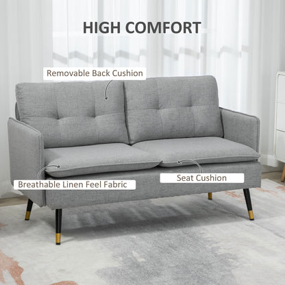55" Loveseat Sofa, Linen Love Seat w/ S spring, Steel Legs and Button Tufting, Small Couch for Living Room, Grey