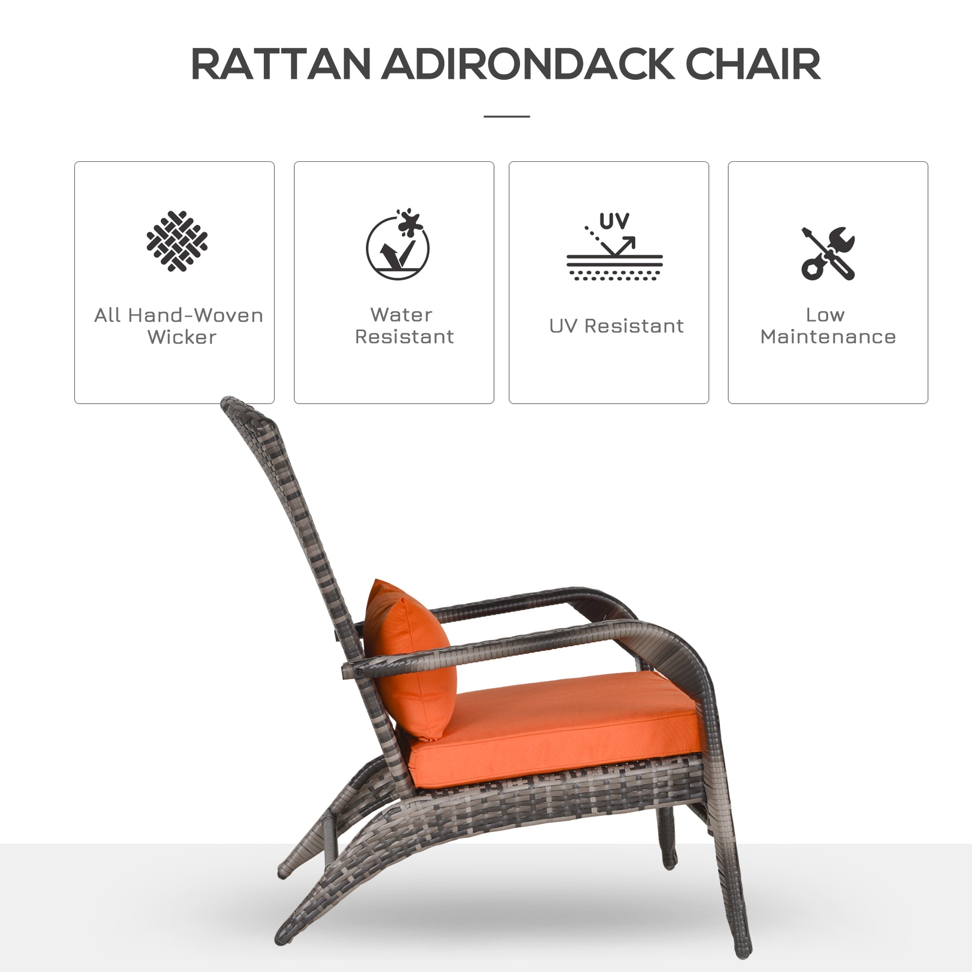 Patio Wicker Adirondack Chair, Outdoor PE Rattan Fire Pit Chair, Muskoka Chair w/ Soft Cushions, Tall Curved Backrest and Comfortable Armrests for Deck Garden, Orange