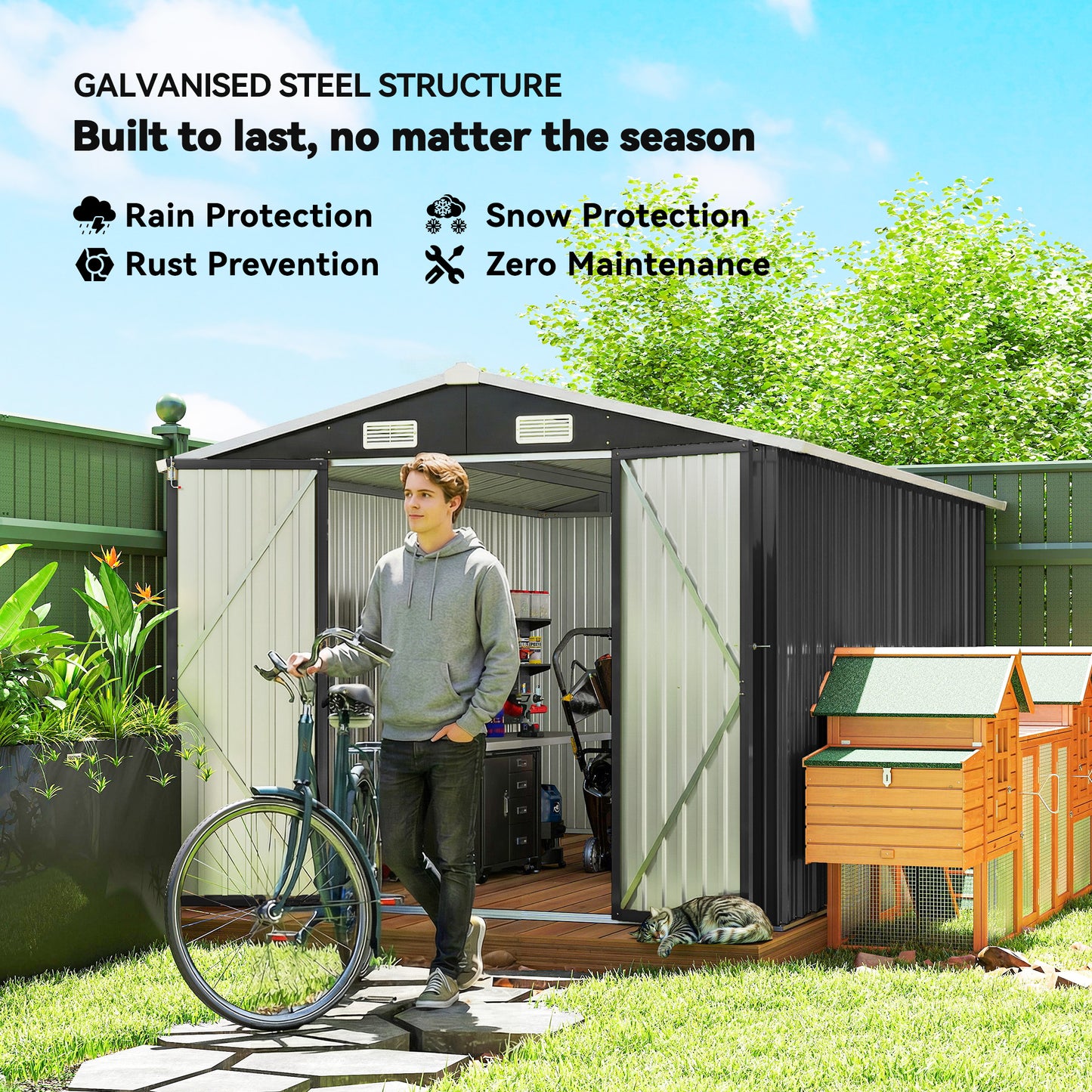 10' x 10' Metal Shed, Heavy Duty Outdoor Storage Shed with 4 Vents and Lockable Double Doors, Dark Grey