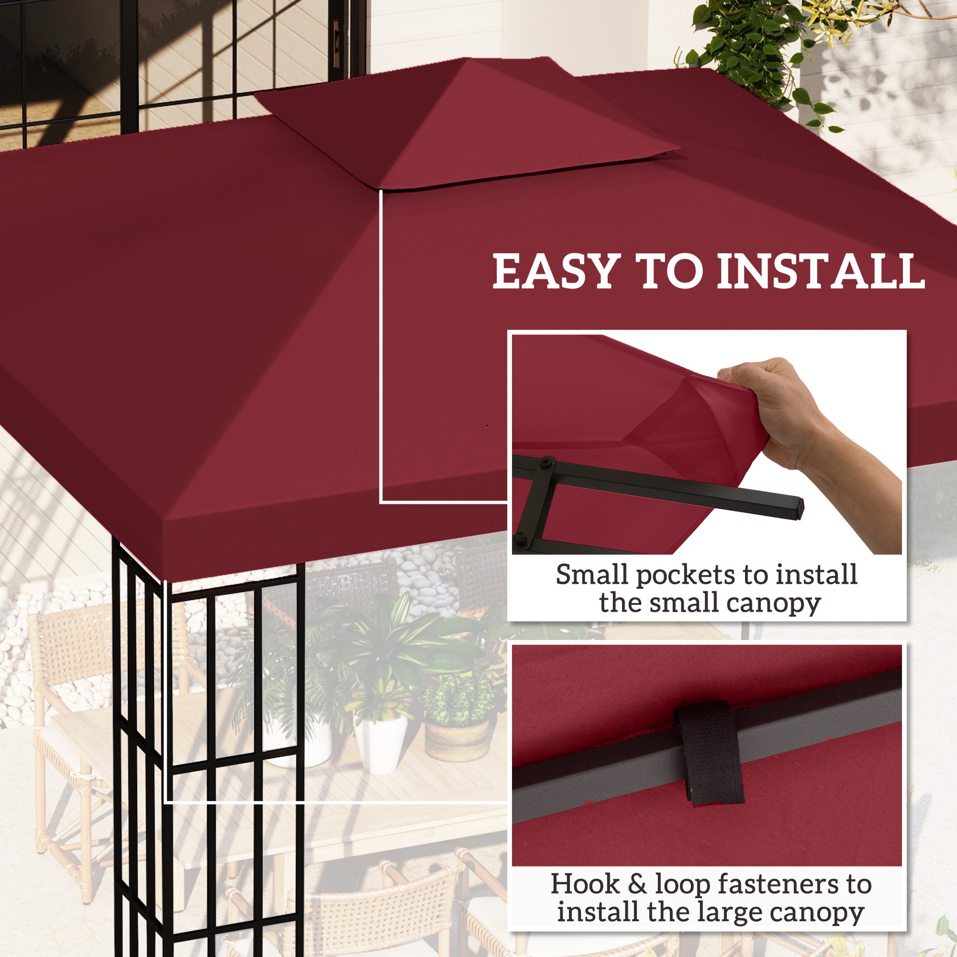 10' x 10' Square 2-Tier Gazebo Canopy Replacement Top Cover Outdoor Garden Sun Shade, Wine Red