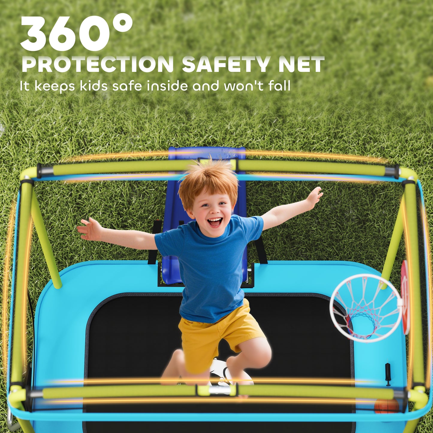 Qaba 70" x 47" Trampoline for Kids Indoor & Outdoor with Slide, Swing, Basketball Hoop and Safety Enclosure, Light Blue