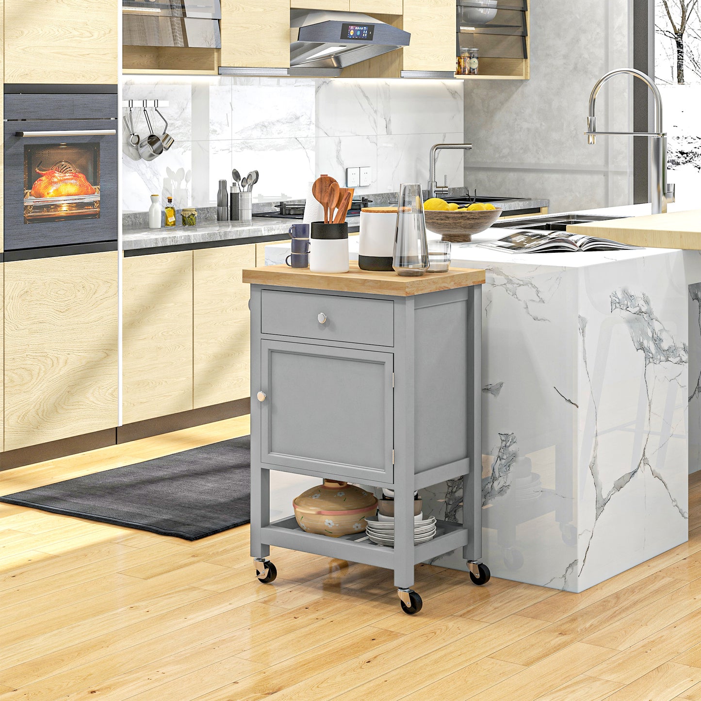 Kitchen Cart on Wheels, Rolling Kitchen Island Cart with Wood Top, Towel Rack, Drawer and Shelf for Dining Area, Grey