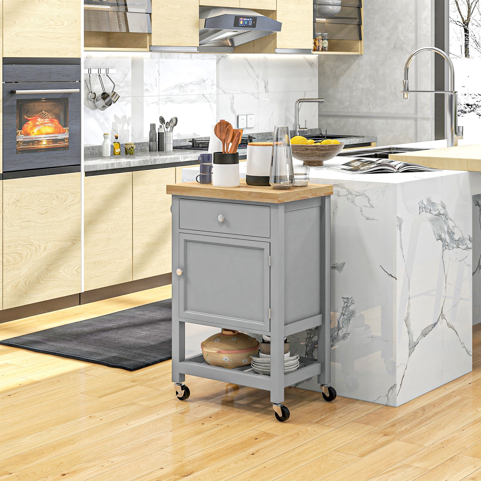 Kitchen Cart on Wheels, Rolling Kitchen Island Cart with Wood Top, Towel Rack, Drawer and Shelf for Dining Area, Grey