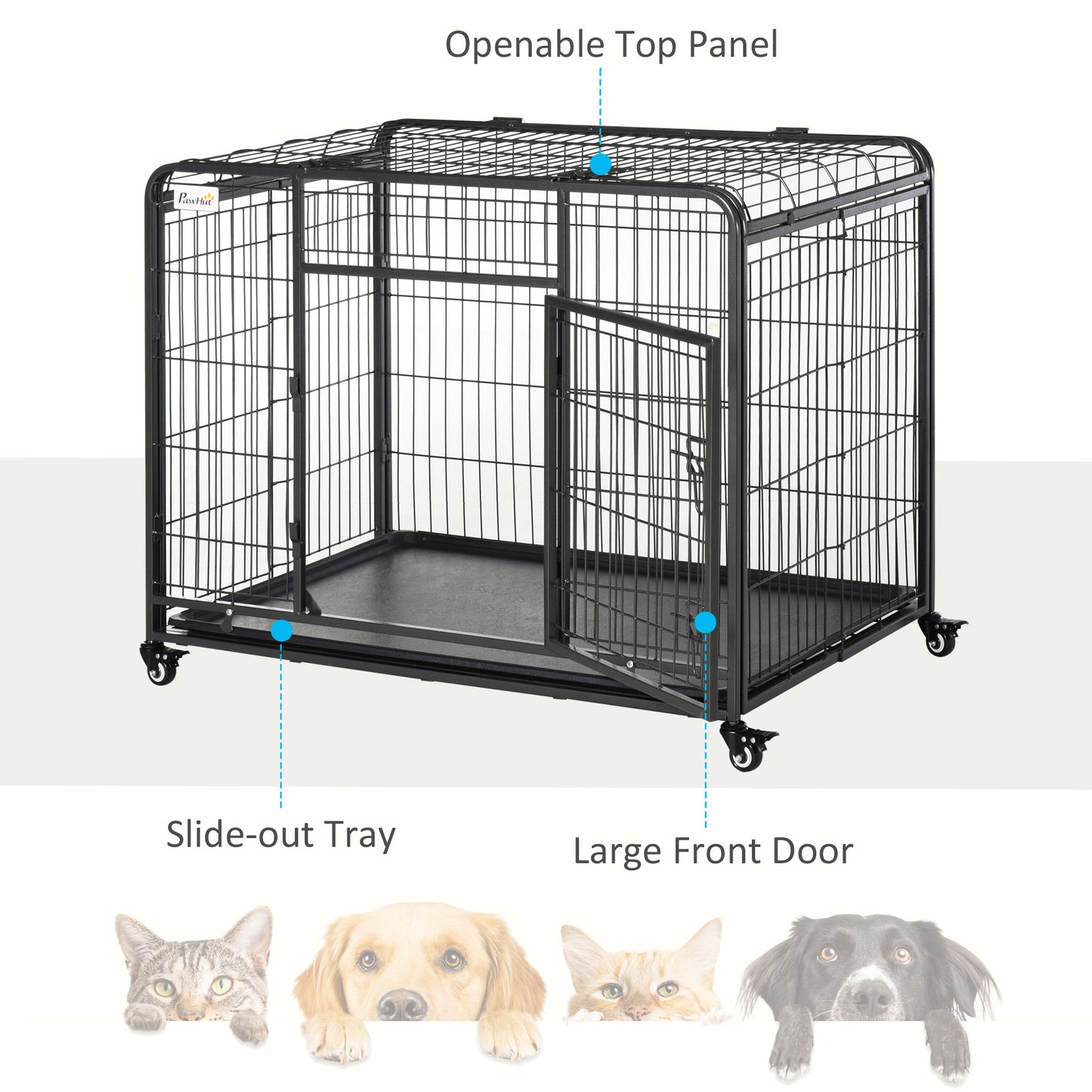 Folding Heavy Duty Dog Crate Heavy Duty Cage for Large Sized Dogs with Double Doors, Lockable Wheels Tray, 43" x 28" x 31"