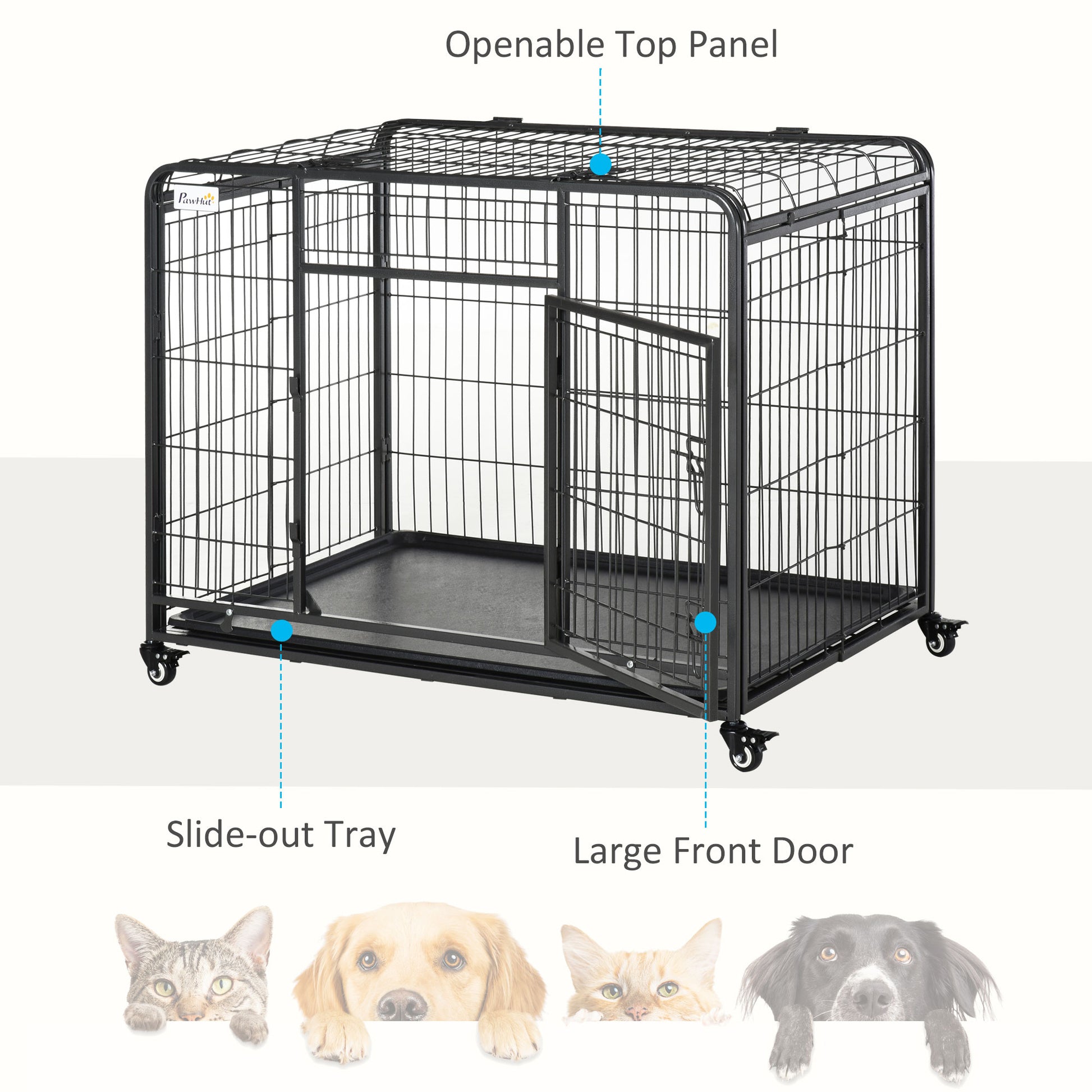 Folding Heavy Duty Dog Crate Heavy Duty Cage for Large Sized Dogs with Double Doors, Lockable Wheels Tray, 43" x 28" x 31"