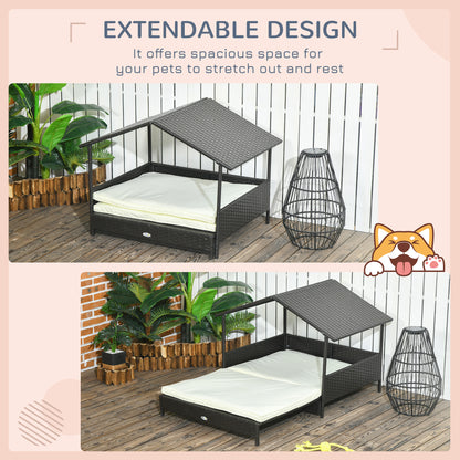 Rattan Dog House with Canopy, Wicker Dog Bed with Water-Resistant Cushion, for Small and Medium Breeds Cream White