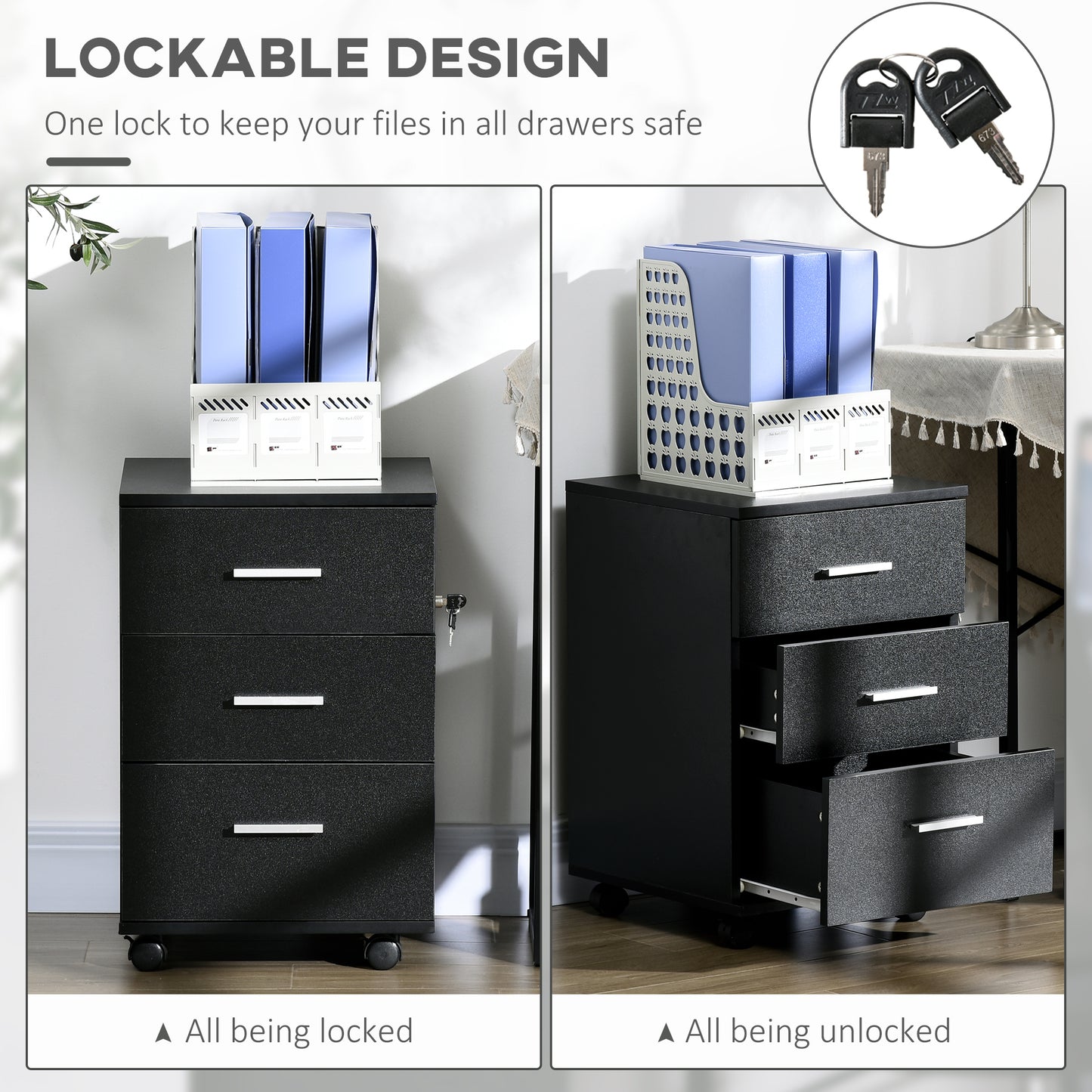 Mobile Filing Cabinet with Wheels, 3 Drawer File Cabinet with Lock and Keys for Home Office, Black