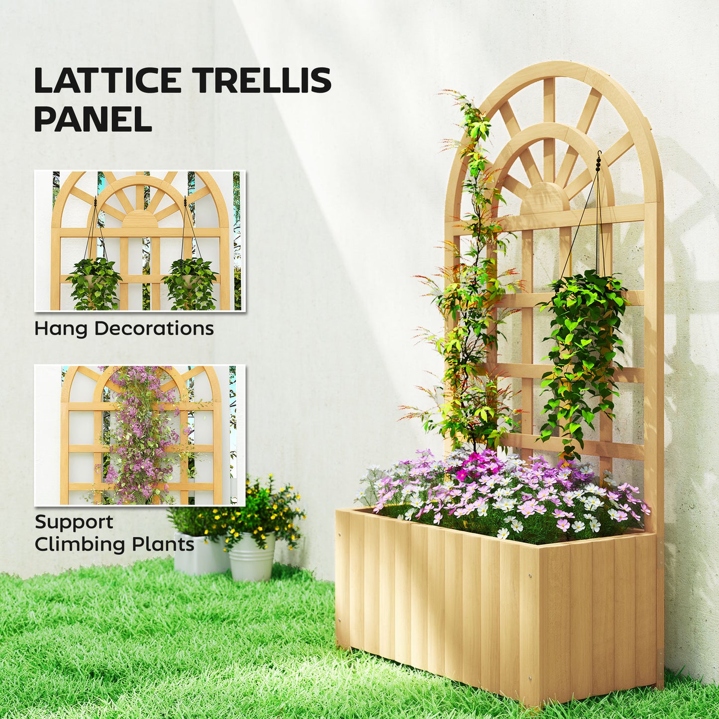 Wooden Raised Garden Bed with Lattice Trellis, Outdoor Elevated Planter Box with Drainage Holes for Climbing Plants