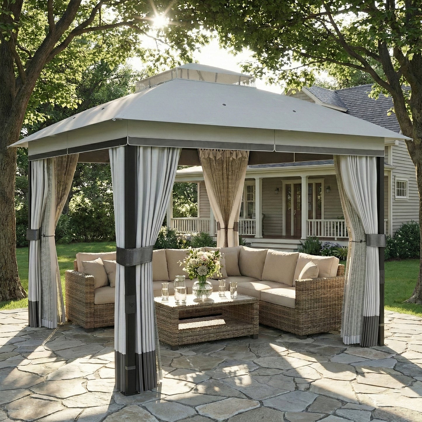10' x 10' Patio Gazebo, UPF50+ Double Roof Outdoor Gazebo Canopy with Netting and Curtains, Steel Frame, Light Grey