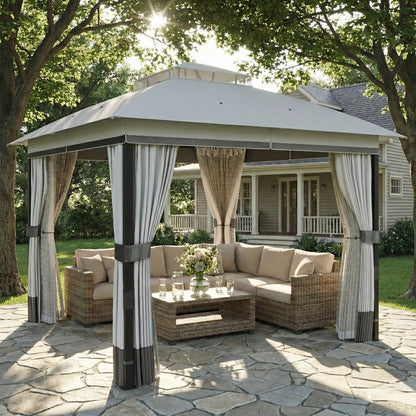 10' x 10' Patio Gazebo, UPF50+ Double Roof Outdoor Gazebo Canopy with Netting and Curtains, Steel Frame, Light Grey