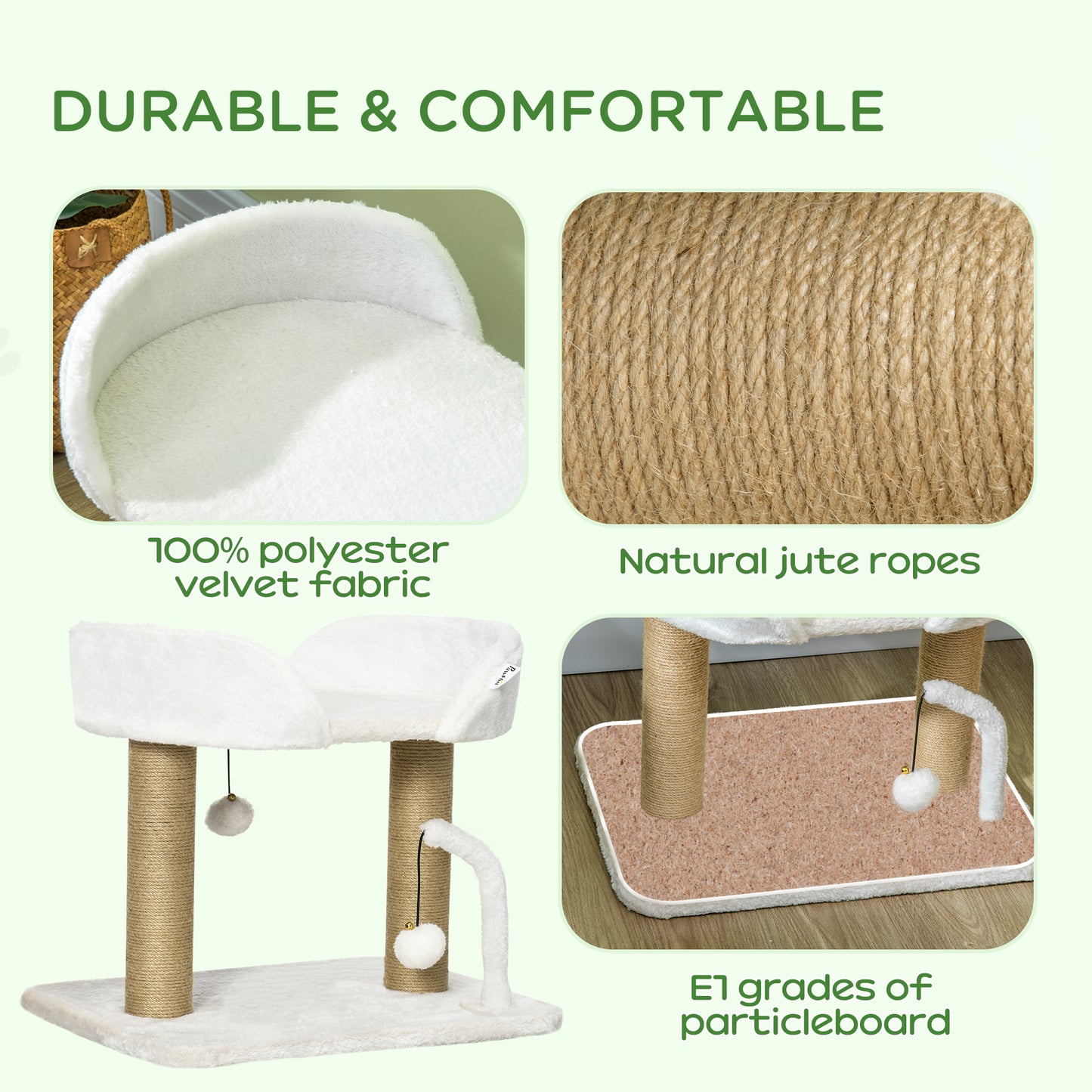 Cat Tower Condo for Indoor Cats, Small Cat Tree with Jute Scratching Posts, Top Perch, Dangling Balls, White