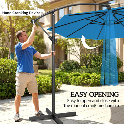 10ft Offset Patio Umbrella with Base, Garden Hanging Parasol with Crank, Banana Cantilever Umbrella Sun Shade, Blue