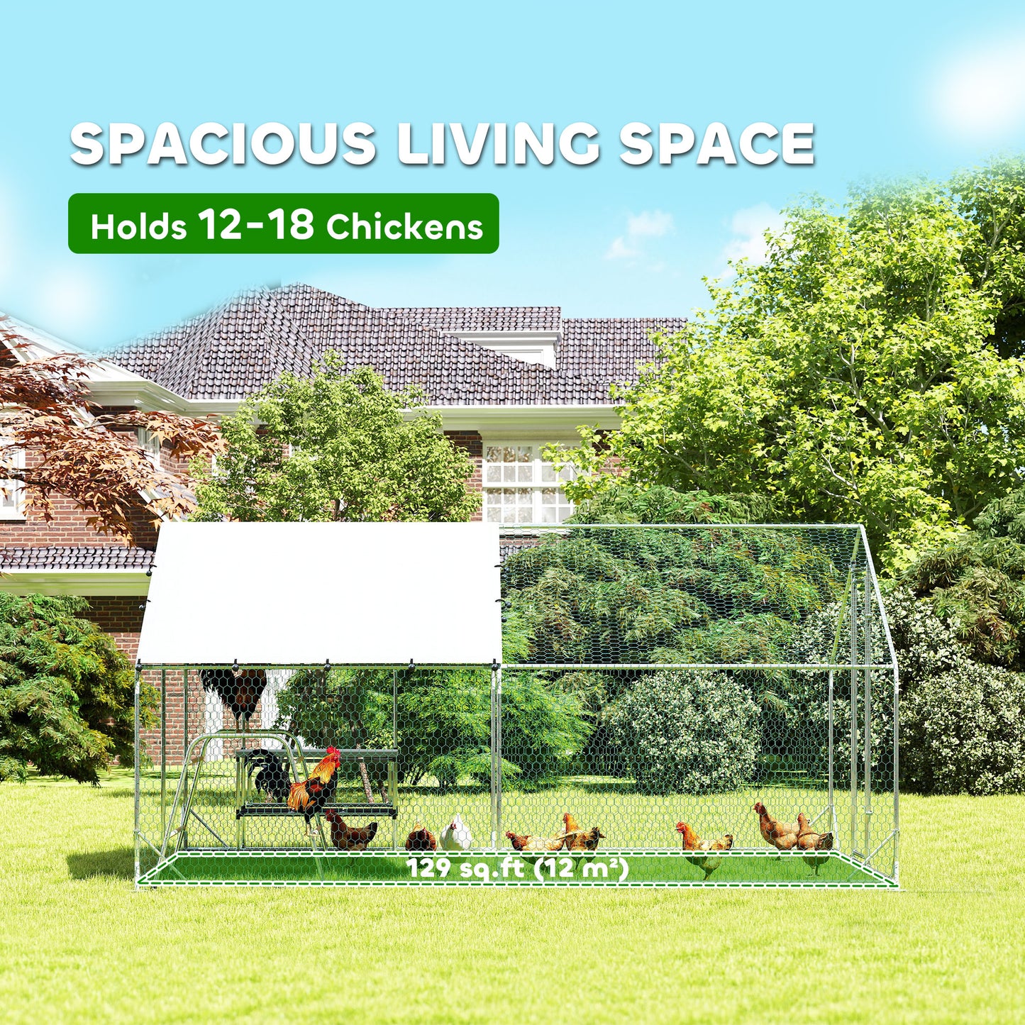Metal Chicken Coop Run w/ Waterproof Cover, Nesting Box, Roosting Bars, for Outdoor Backyard, 9.8 x 13.1 x 6.4 ft