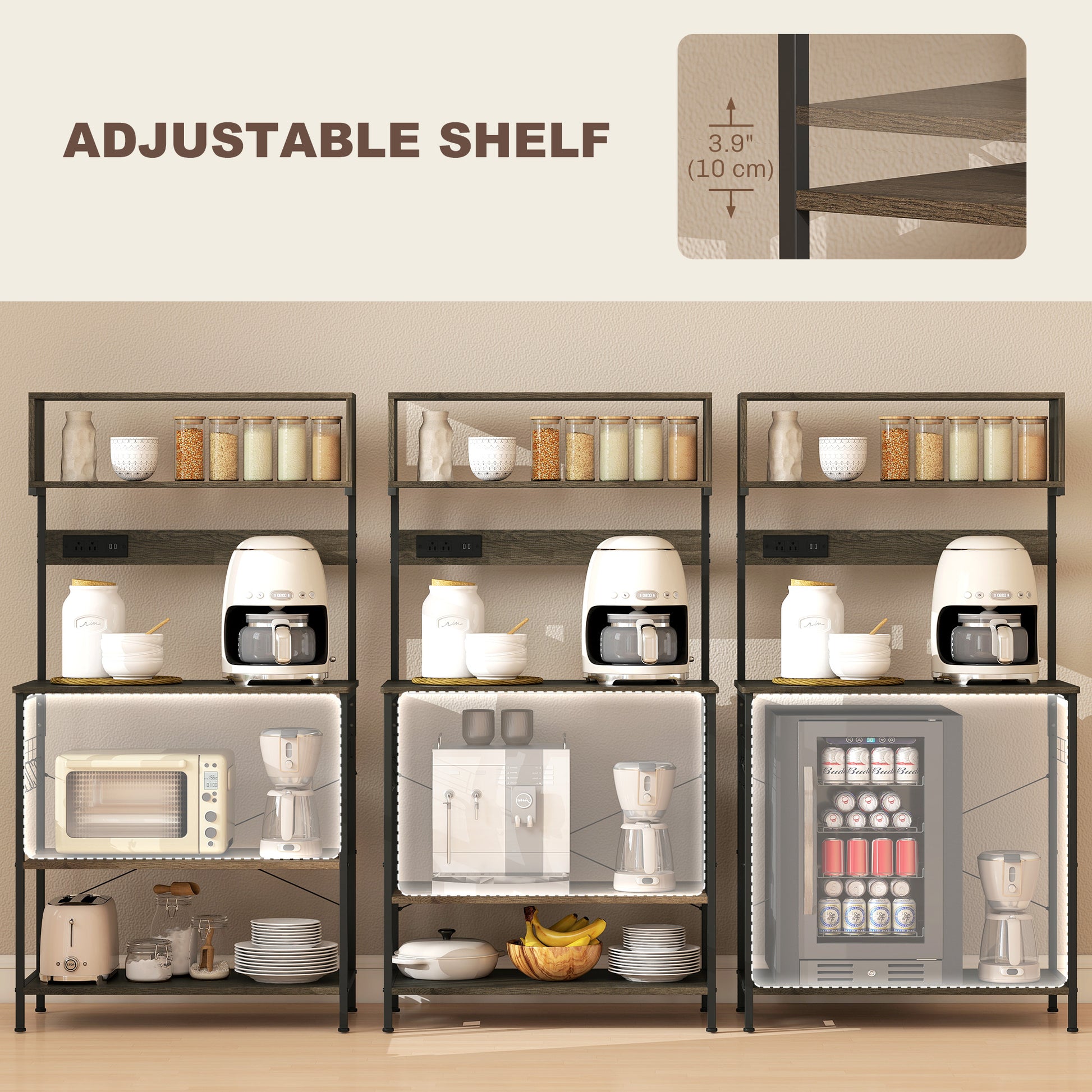 Baker's Rack with Charing Station, Microwave Shelf with Power Outlet, USB Charger and 5 Hooks, Distressed Grey
