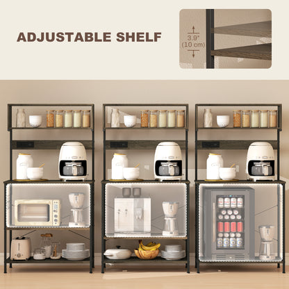 Baker's Rack with Charing Station, Microwave Shelf with Power Outlet, USB Charger and 5 Hooks, Distressed Grey