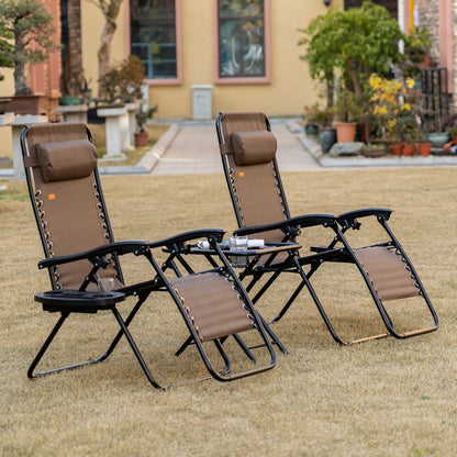 Zero Gravity Chair Set of 2 Patio Chair with Side Table Cupholders and Pillows for Pool, Backyard, Lawn, Beach, Brown
