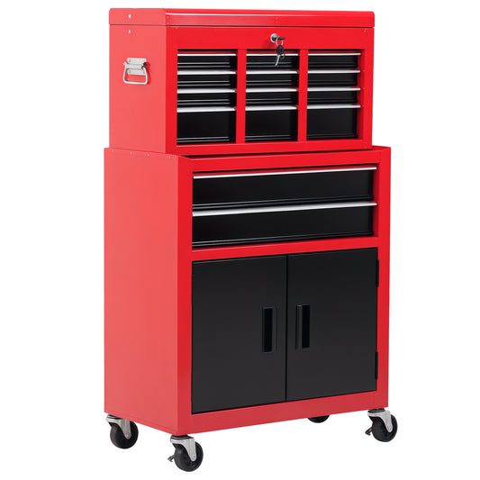 6-Drawer Rolling Tool Chest, 2 in 1 Lockable Storage Cabinet with Hooks, Metal Tool Box for Garage, Workshop, Red