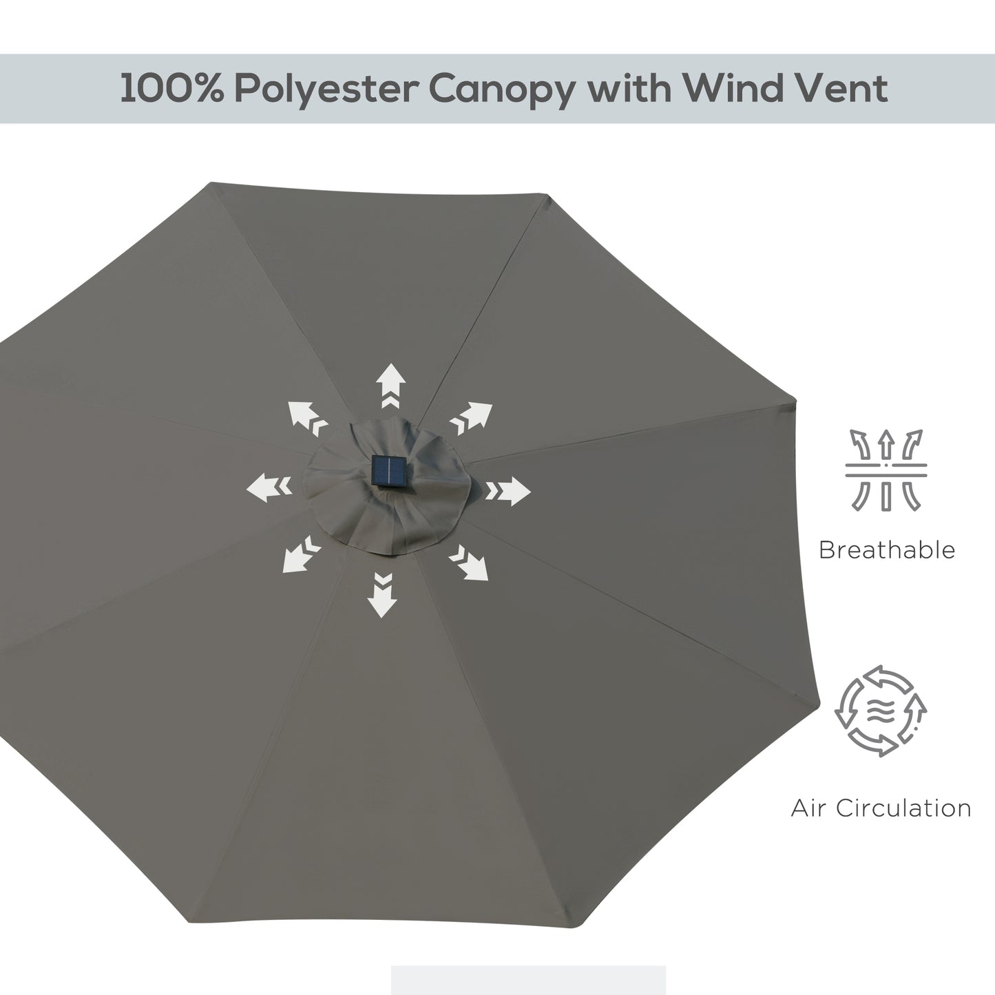 9ft Solar Patio Umbrella Outdoor Sunshade 24 LED Lights Tilt Canopy, Charcoal Grey