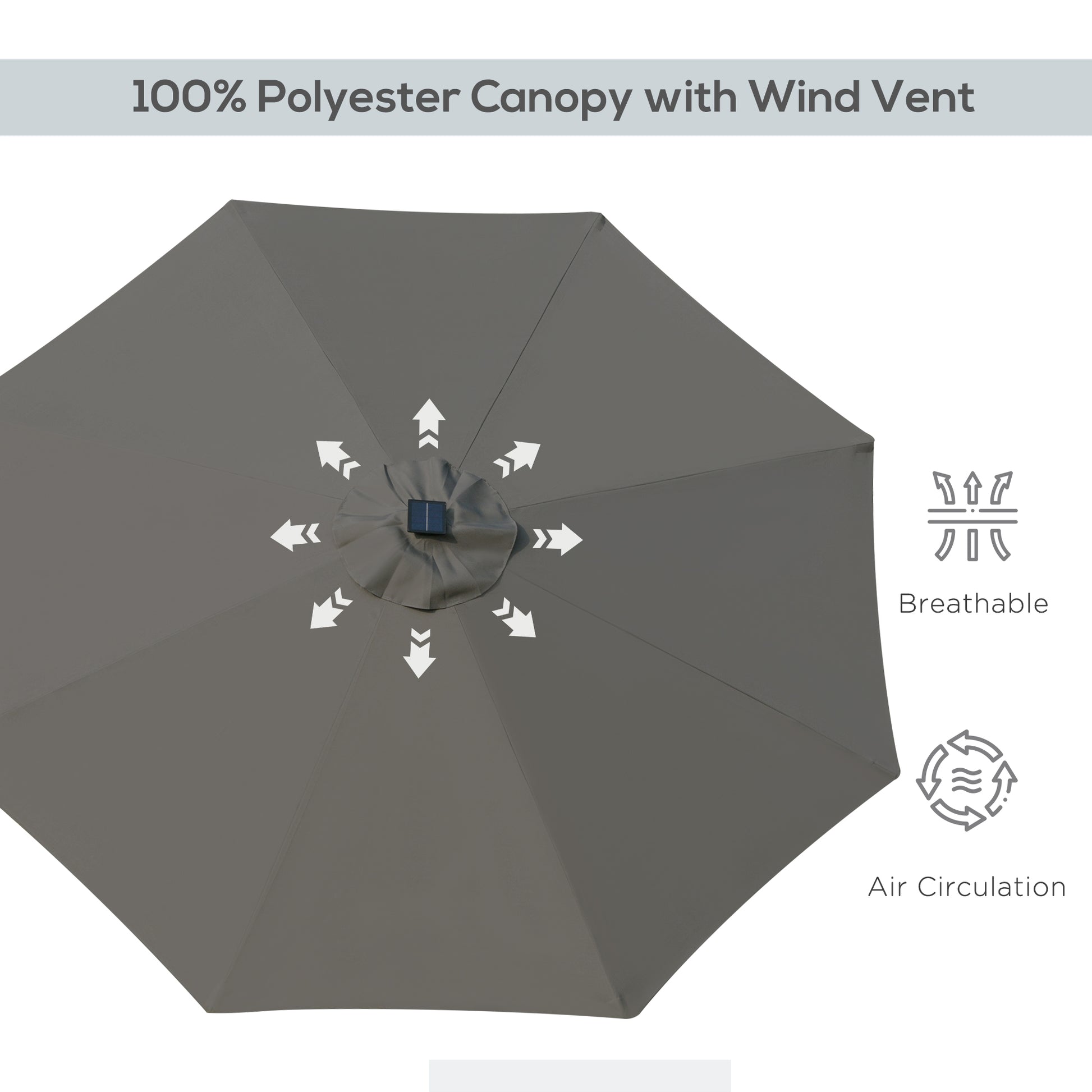 9ft Solar Patio Umbrella Outdoor Sunshade 24 LED Lights Tilt Canopy, Charcoal Grey