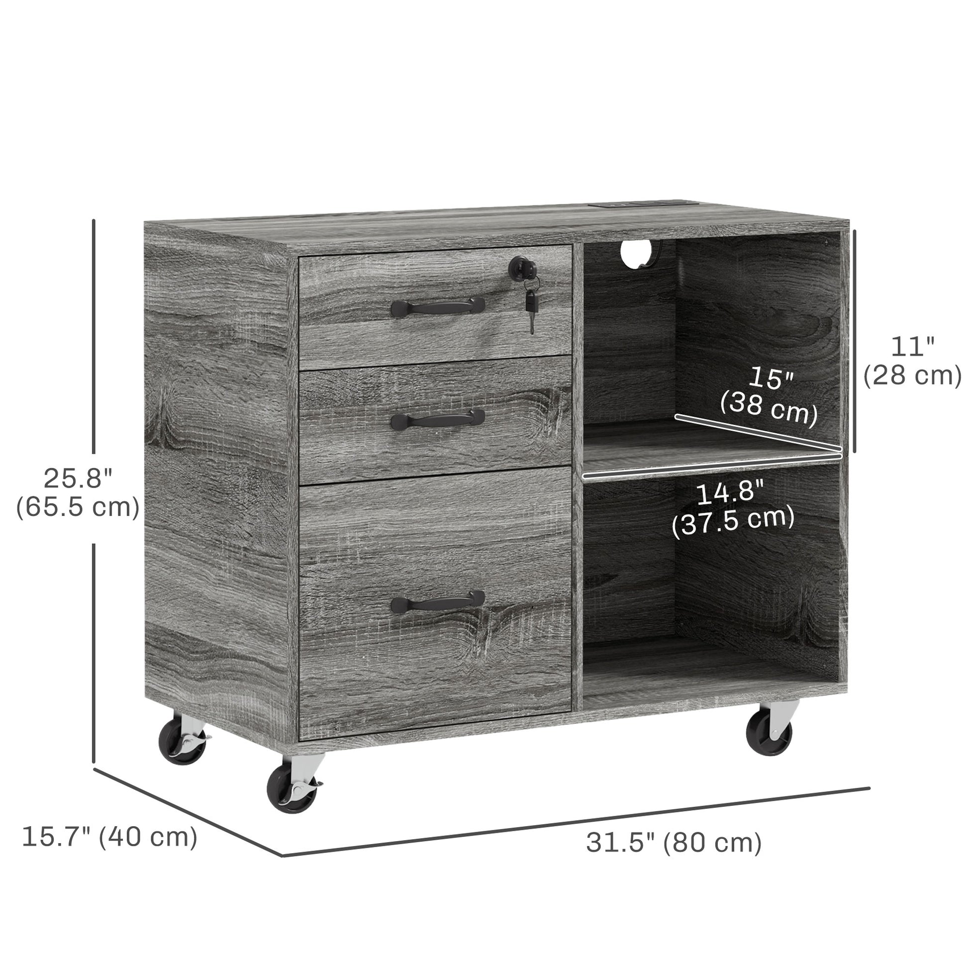 Mobile Printer Stand with Charging Station USB Ports Locking Filing Cabinet for A4 Letter Size Grey