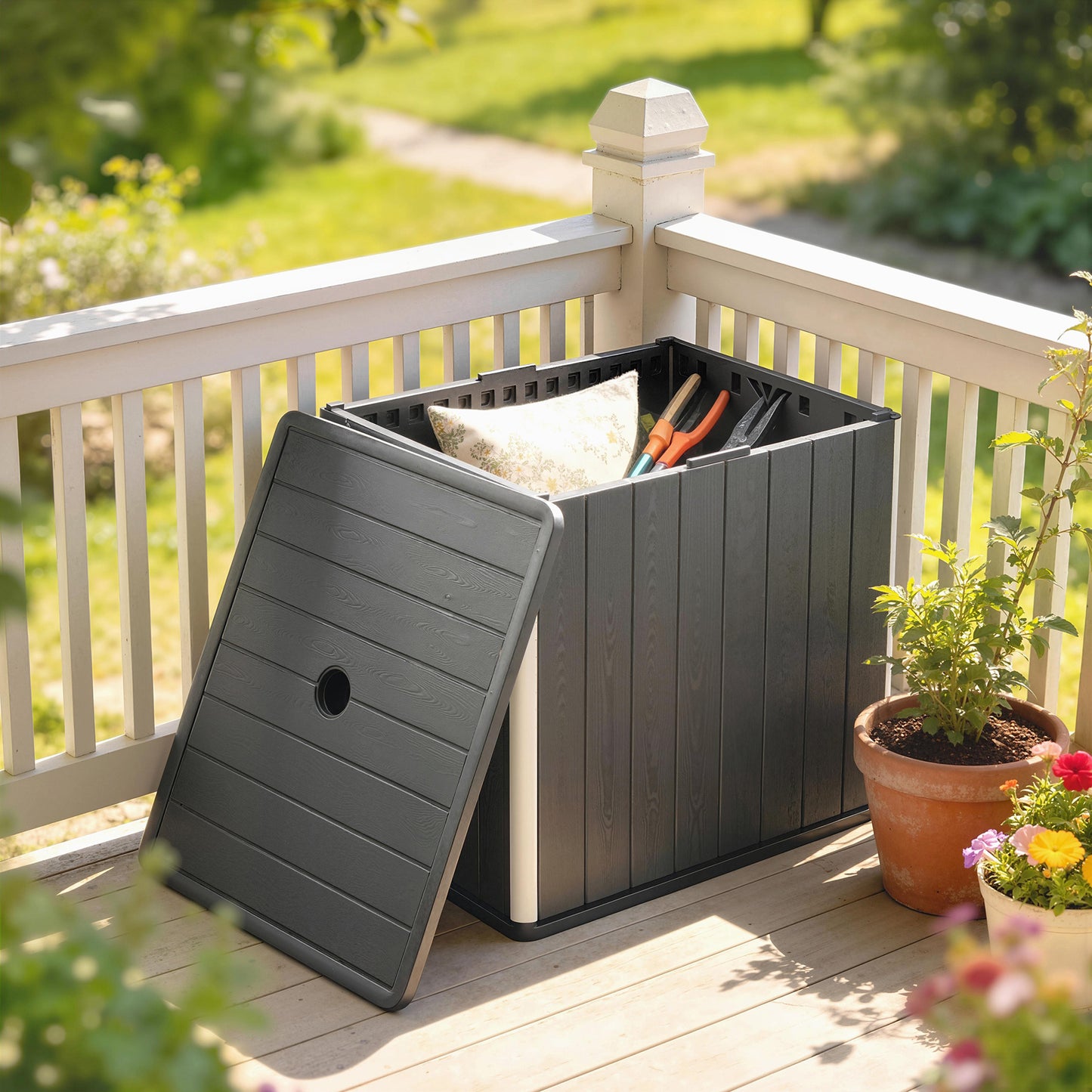 30 Gallon Storage Box, Outdoor Side Table with Umbrella Holder, Black