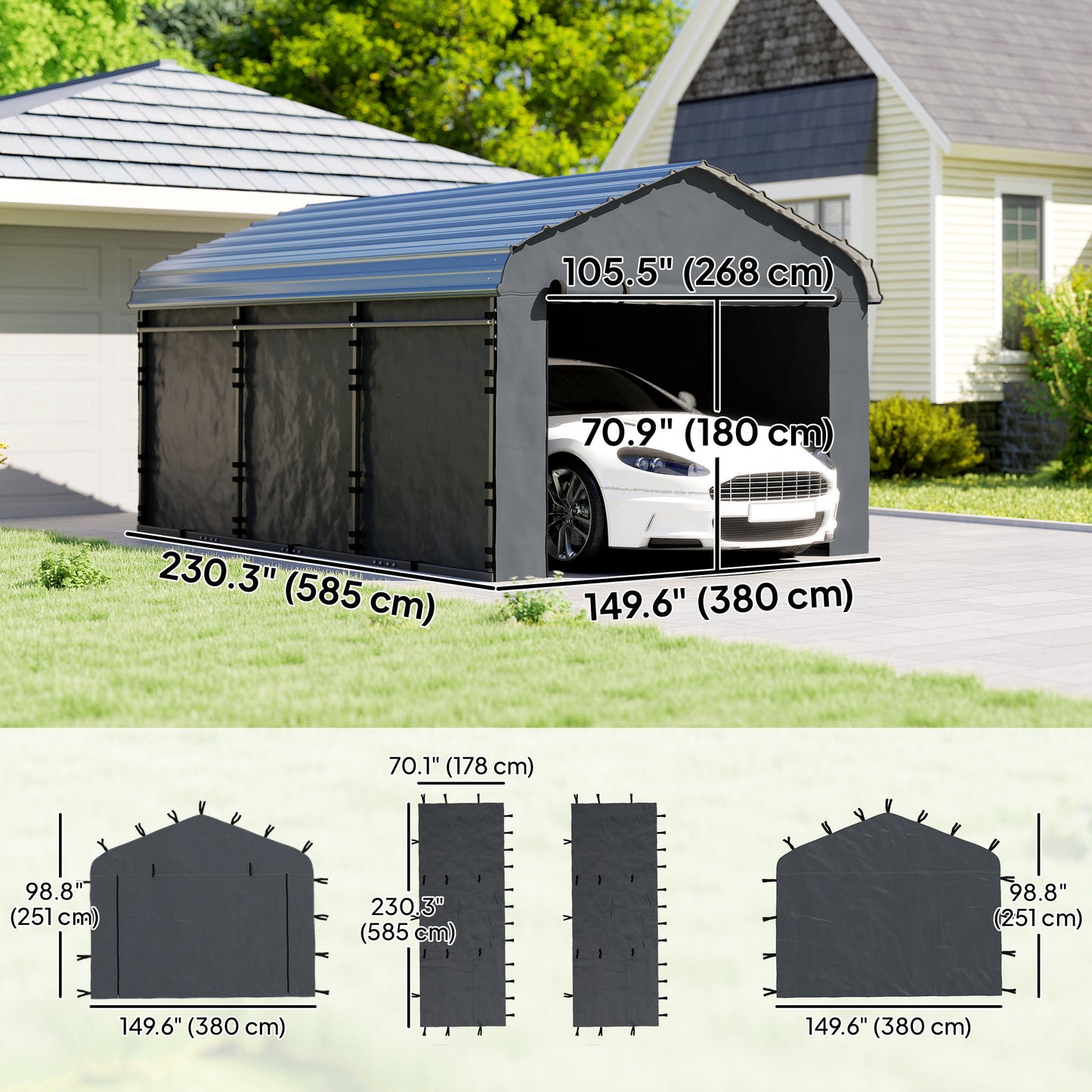 Carport Replacement Canopy Cover Sidewalls for 12' x 20' Carport, UPF50+ Waterproof Garage Car Shelter Tarp, Dark Grey