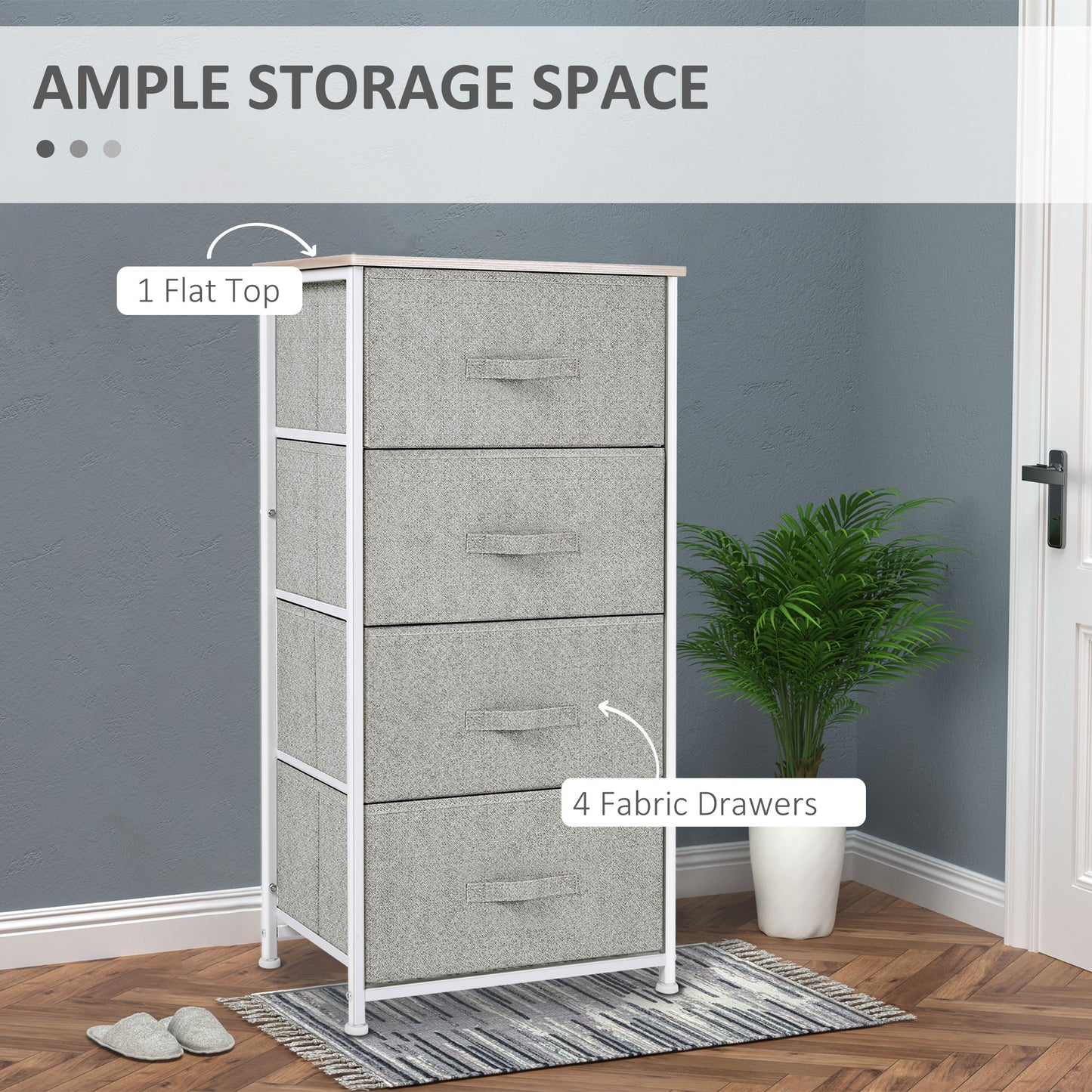 Linen Drawer Cabinet Organizer Storage Dresser Tower with 4 Removable Drawer Metal Frame Adjustable Feet for Living Room, Kitchen, Bathroom, White