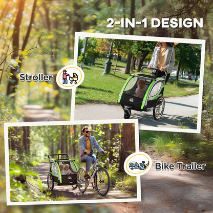 Aosom 2 Seat Bike Trailer for Kids 2-in-1 Double Baby Stroller with Handbrake, Rubber Wheels, 5 Point Harness, Waterproof Cover, Storage Bag, Reflectors, Green