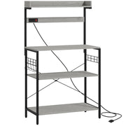 Kitchen Baker's Rack with Power Outlet, Coffee Bar Station with Adjustable Shelves and Hooks, Distressed Grey