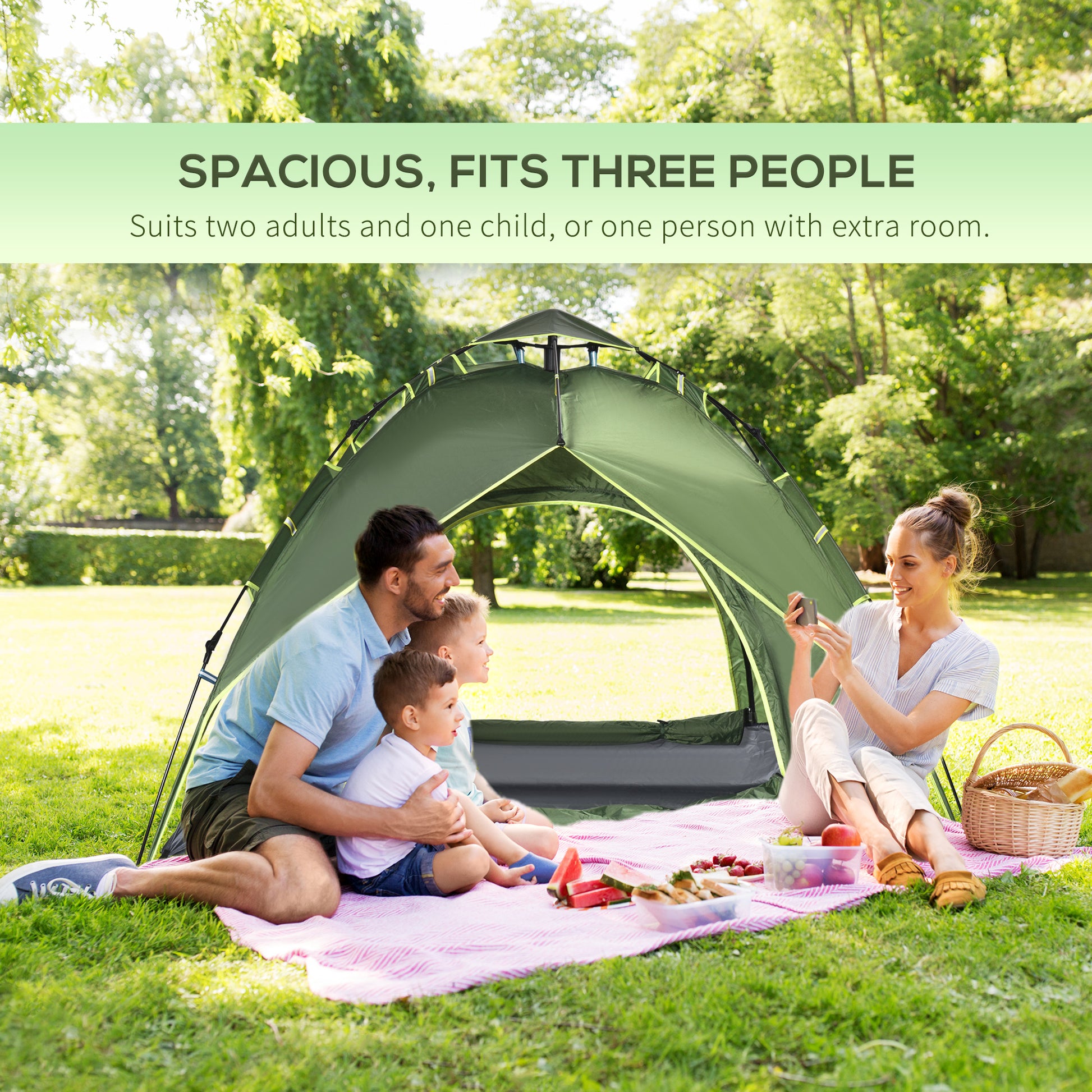 Camping Tent, 3 Person Family Tent, 1000mm Waterproof, with Sewn-in Groundsheet and Carry Bag, for Fishing, Dark Green