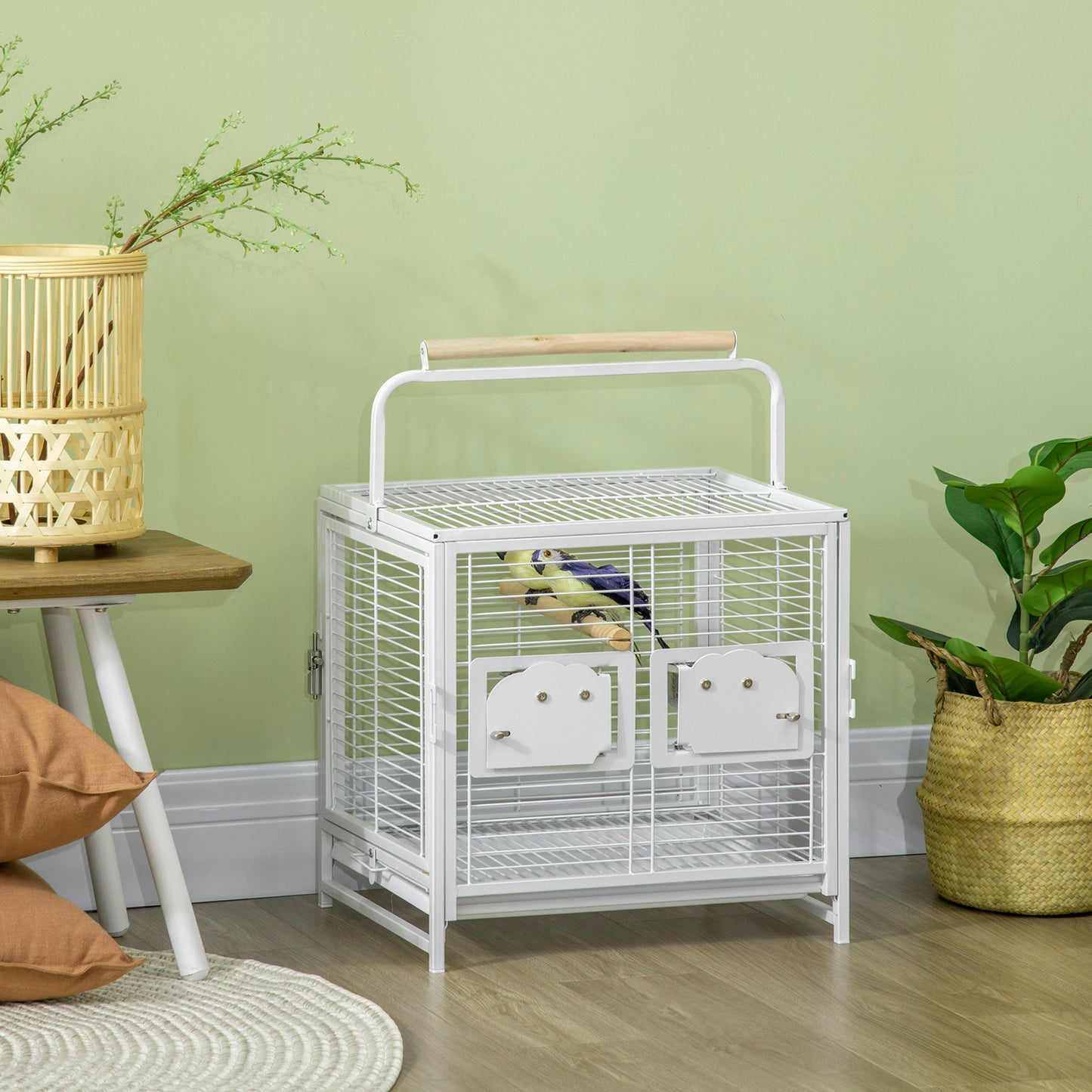 Bird Travel Carrier Cage, Portable Metal Bird Cage for Parrots Conures Cockatiel Parakeets with Stand Perch, Stainless Steel Bowls, Pull Out Tray, 19" x 15" x 26", White