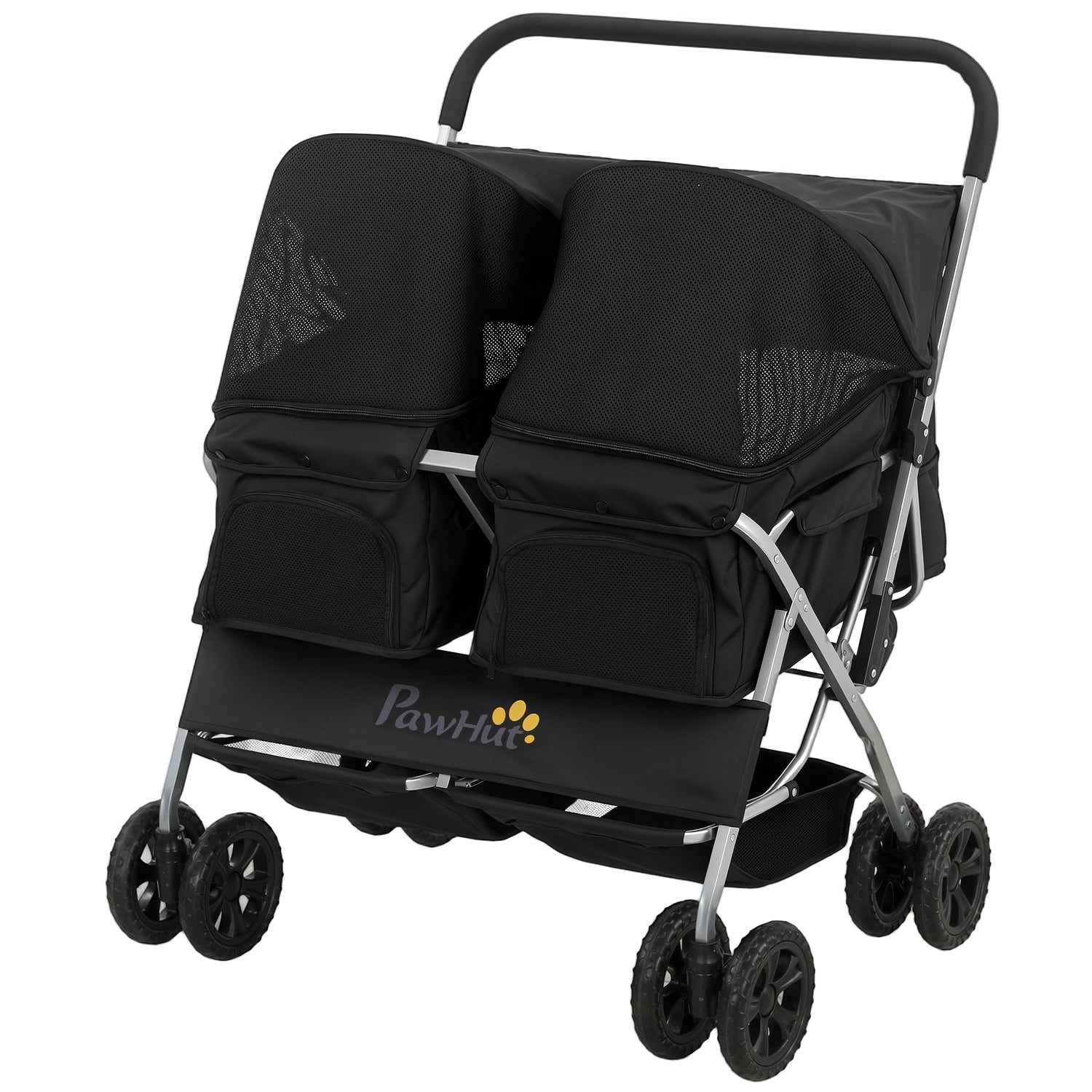 Double Pet Stroller, Foldable Dog Stroller with 2-Seater Carrier, Sunshade, Removable Pad, Safety Belt, Storage Basket