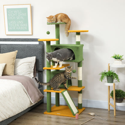 54" Cat Tree, Multi-Level Cat Tower with Scratching Posts, Cat Condos, Bed, Platforms, Ramp, Toy Ball, Green