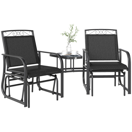 Outdoor Glider Bench with Coffee Table, Patio 2-Seat Rocking Chair Swing Loveseat with Breathable Sling for Backyard Garden Porch, Black