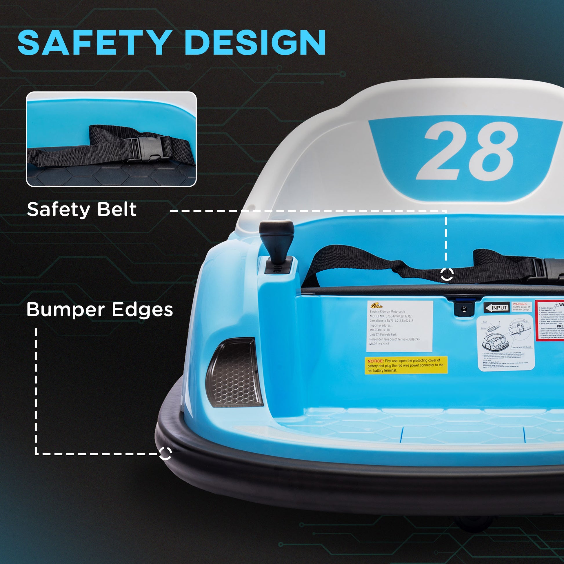 Qaba 12V Bumper Car for Toddlers, Ride On Car with 360 Degree Remote Control, Lights Music Horn, for 1.5-5 Years, Light Blue