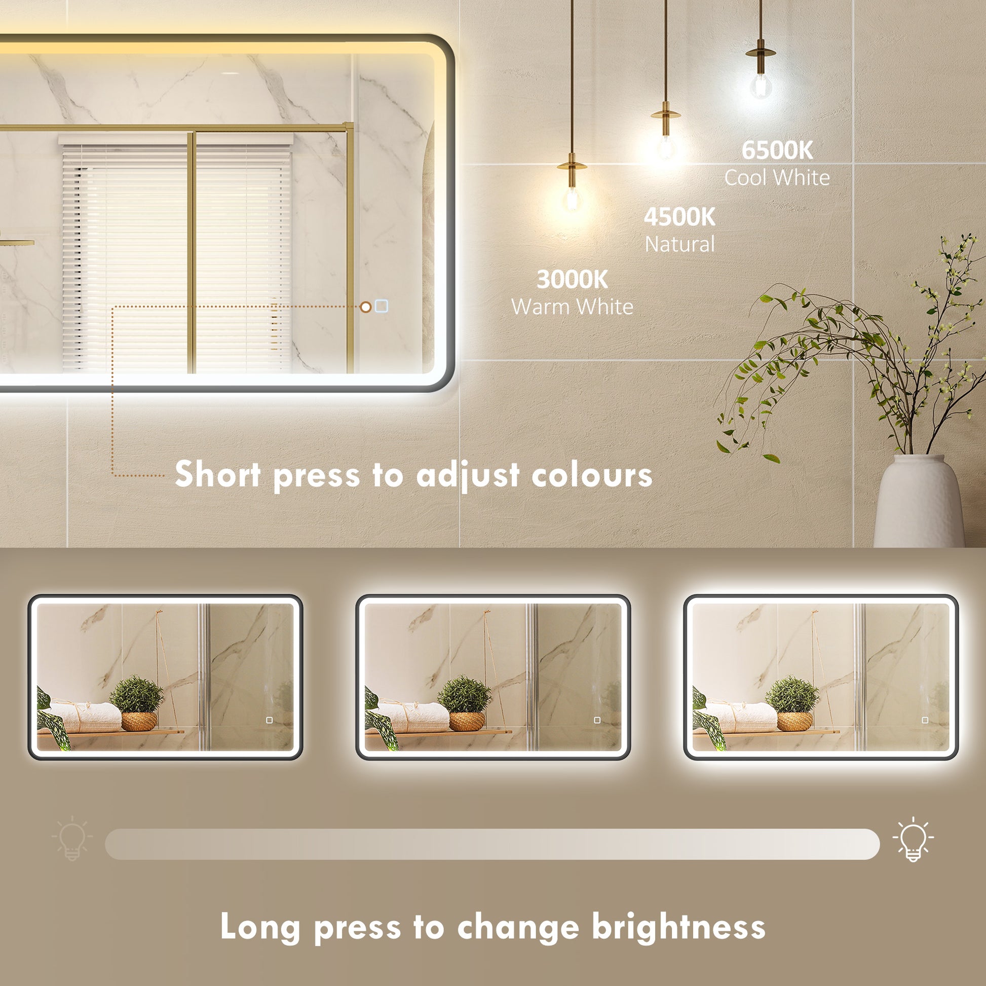 40" x 24" Bath Mirror with LED Lights, Wall Mounted Restroom Mirror, 3 Colours, Dimmable, Horizontal/Vertical, Black