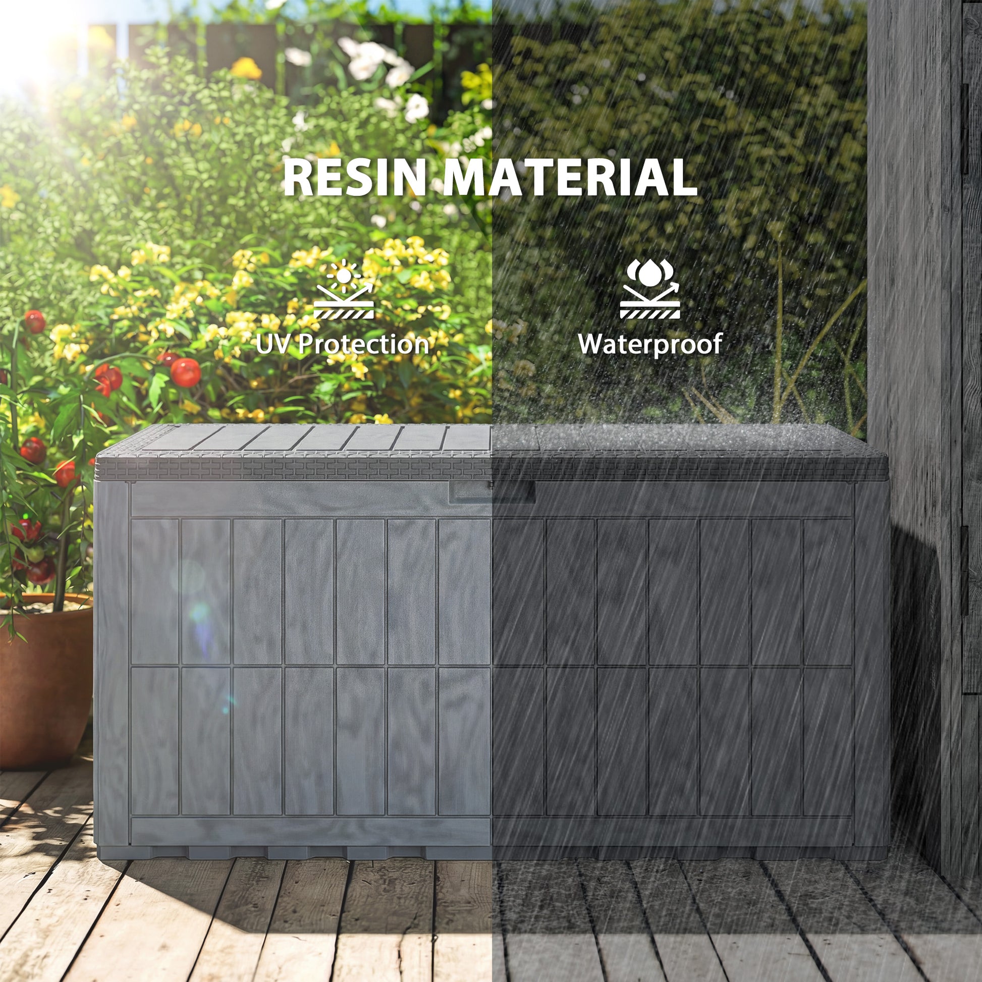 100 Gallon Resin Deck Box, Waterproof Lockable Outdoor Storage Box with Pneumatic Gas Rods, Side Handles